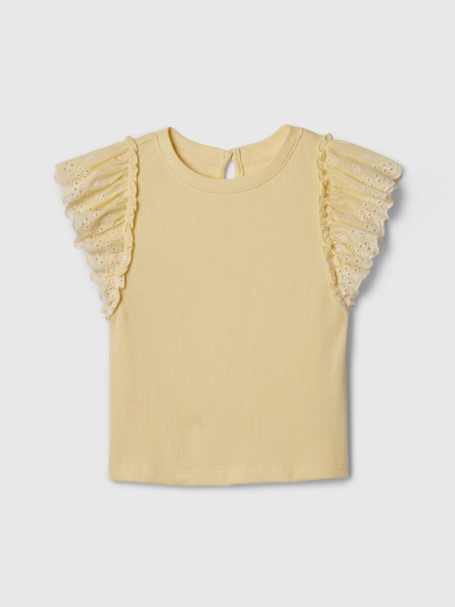 Ribbed T-shirt with flounce in broderie anglaise_0