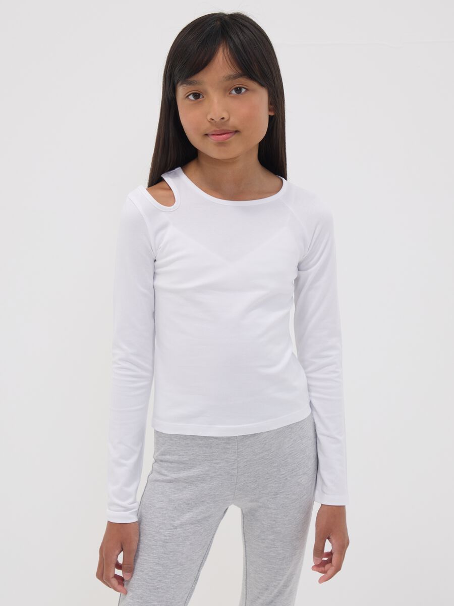 T-shirt bianca in cotone organico elasticizzato con cut-out per ragazza_1