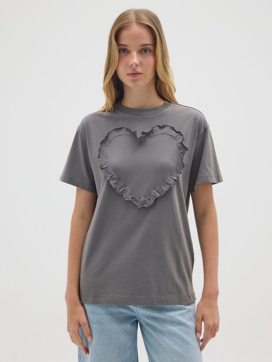 T-shirt in puro cotone grigia regular fit con volant_0