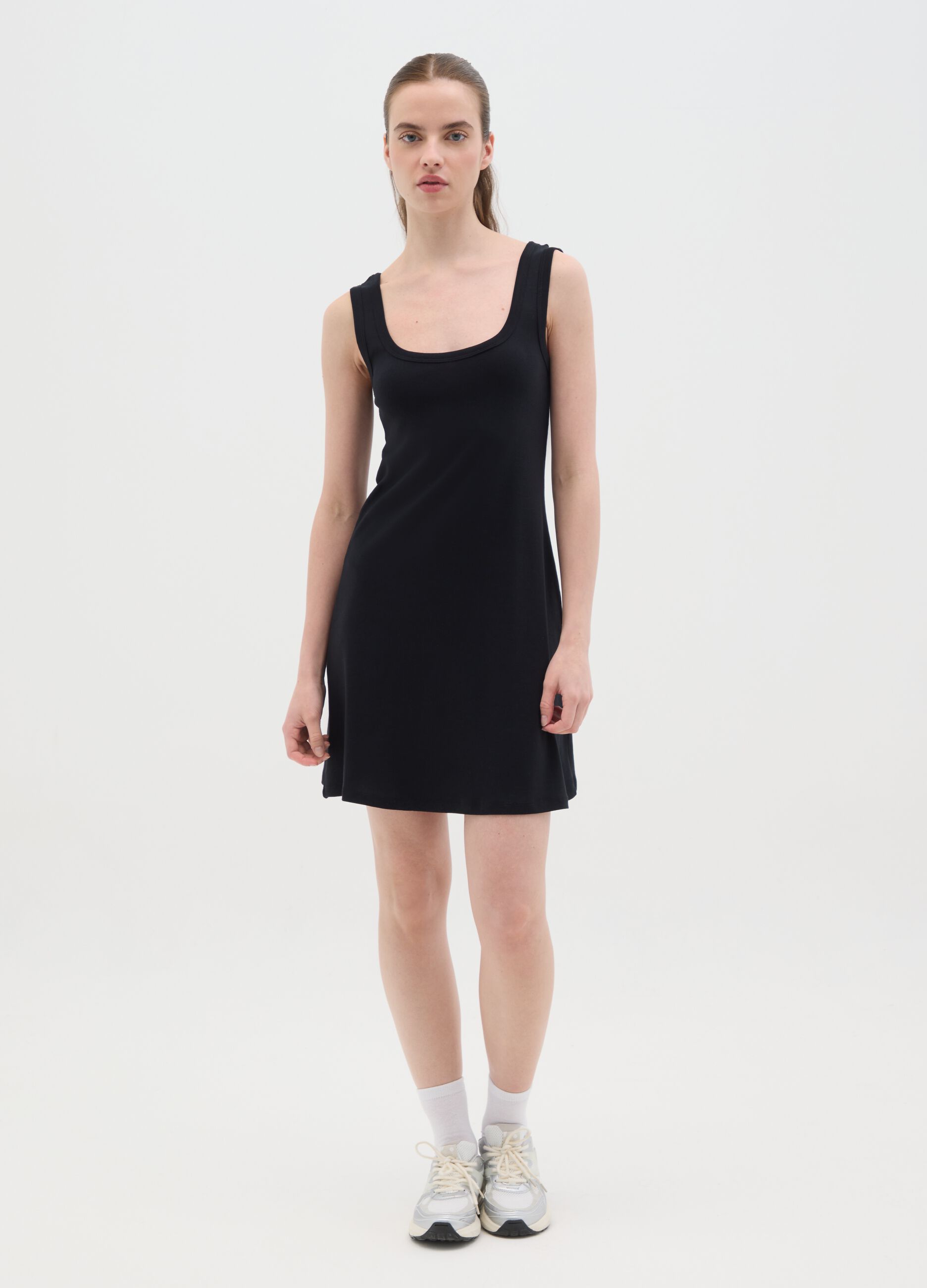Women's short dress in pure black cotton, regular fit