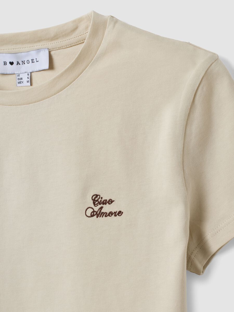 Beige pure cotton cropped T-shirt with crew neck and print_2