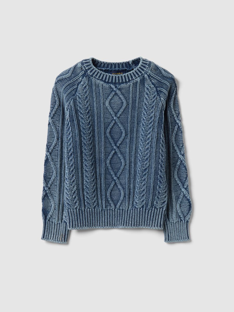 Maglione in puro cotone blu da bambino regular fit con design a maglia_0