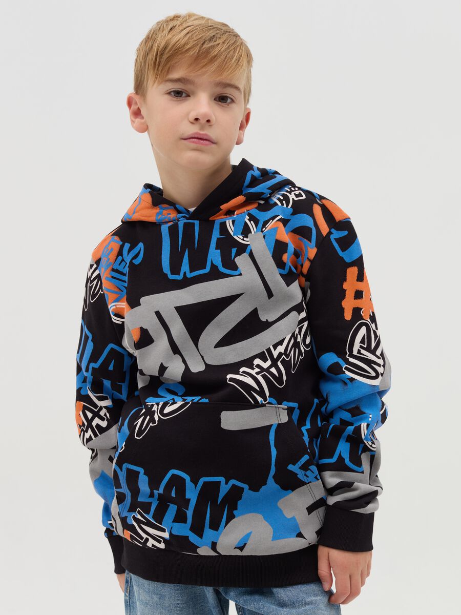 French terry sweatshirt with hood and print_0