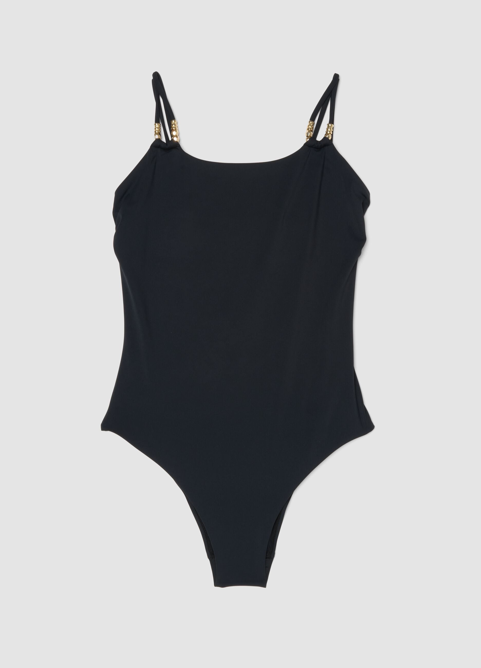 Costume intero nero in tessuto elasticizzato con spalline sottili