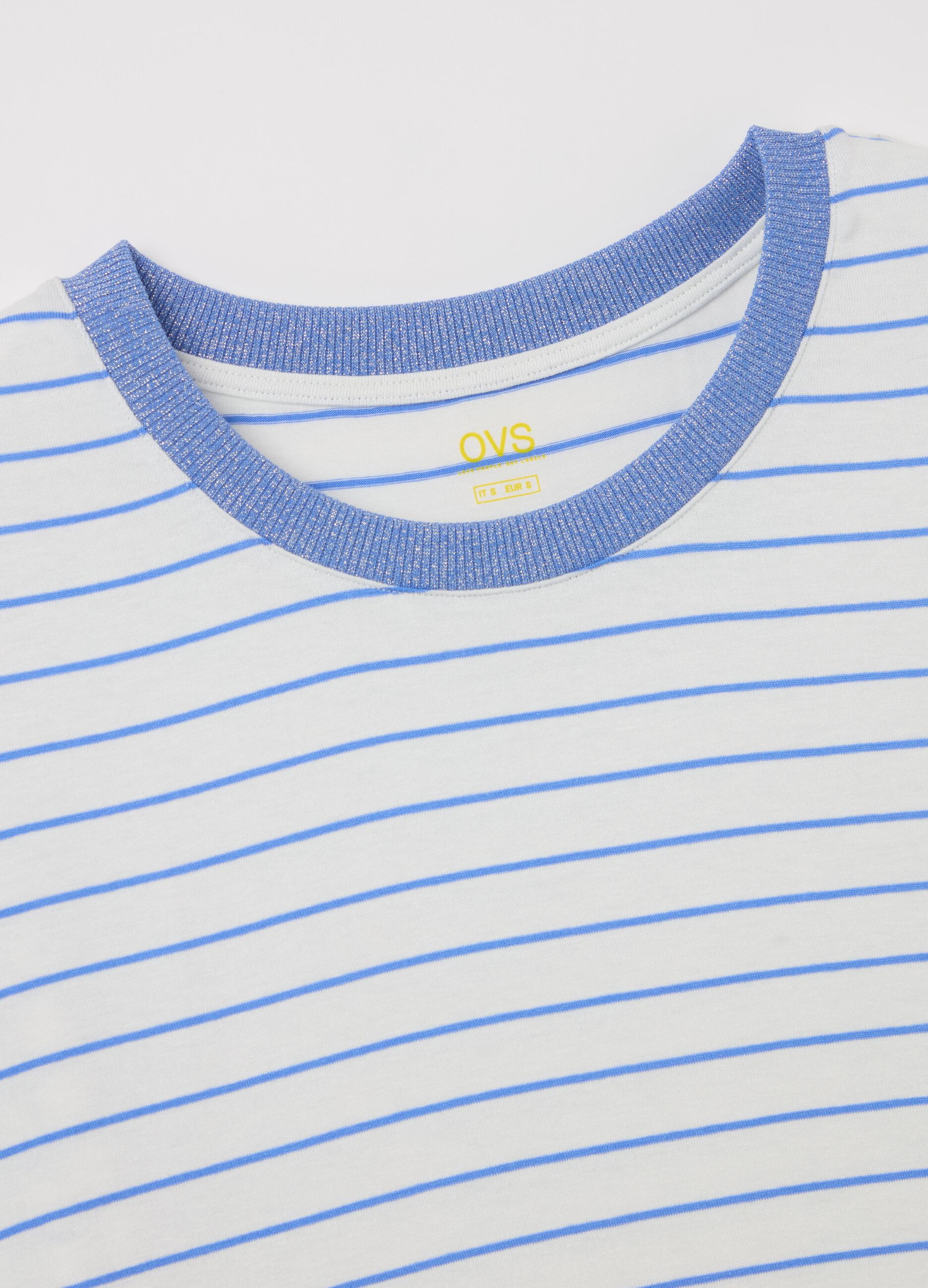 White and light blue striped T-shirt with short sleeves