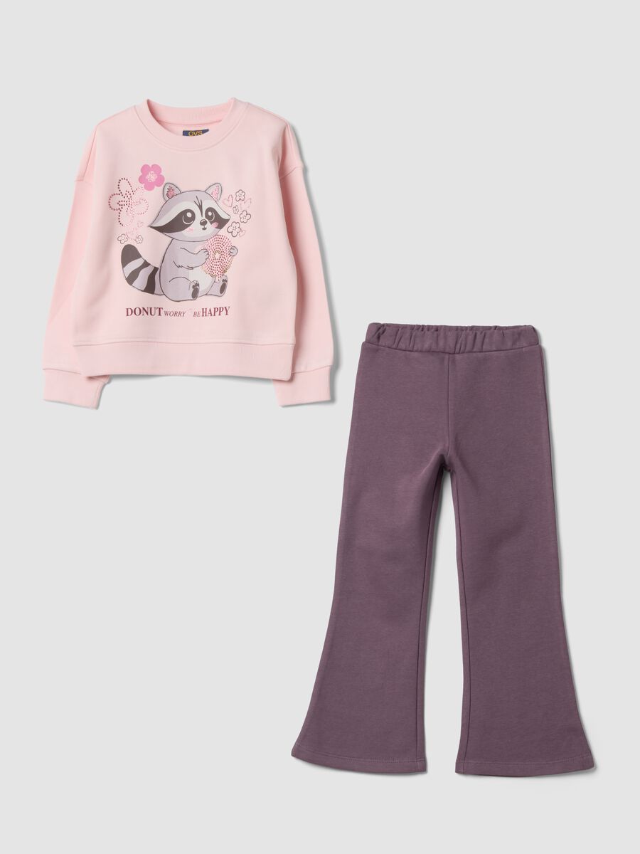 Pink cotton-blend jogging set with crew-neck sweatshirt and animal print_0