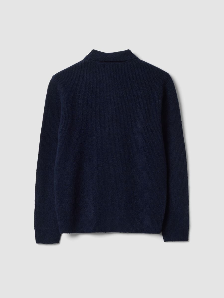 Cardigan blu navy in lana elasticizzata colletto polo_2