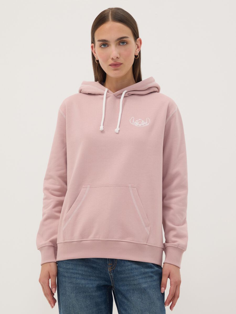 Pink hooded sweatshirt in pure cotton with Lilo & Stitch print_0