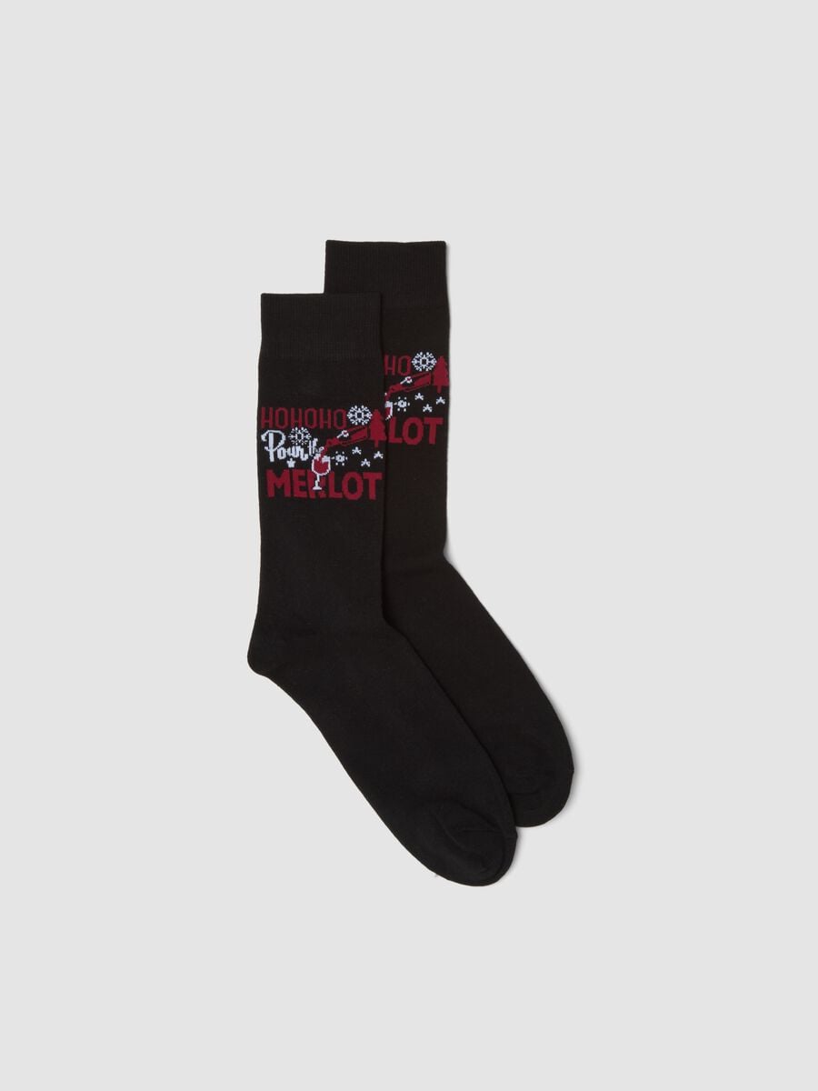 Calze midi nere in cotone elasticizzato con stampa natale_0