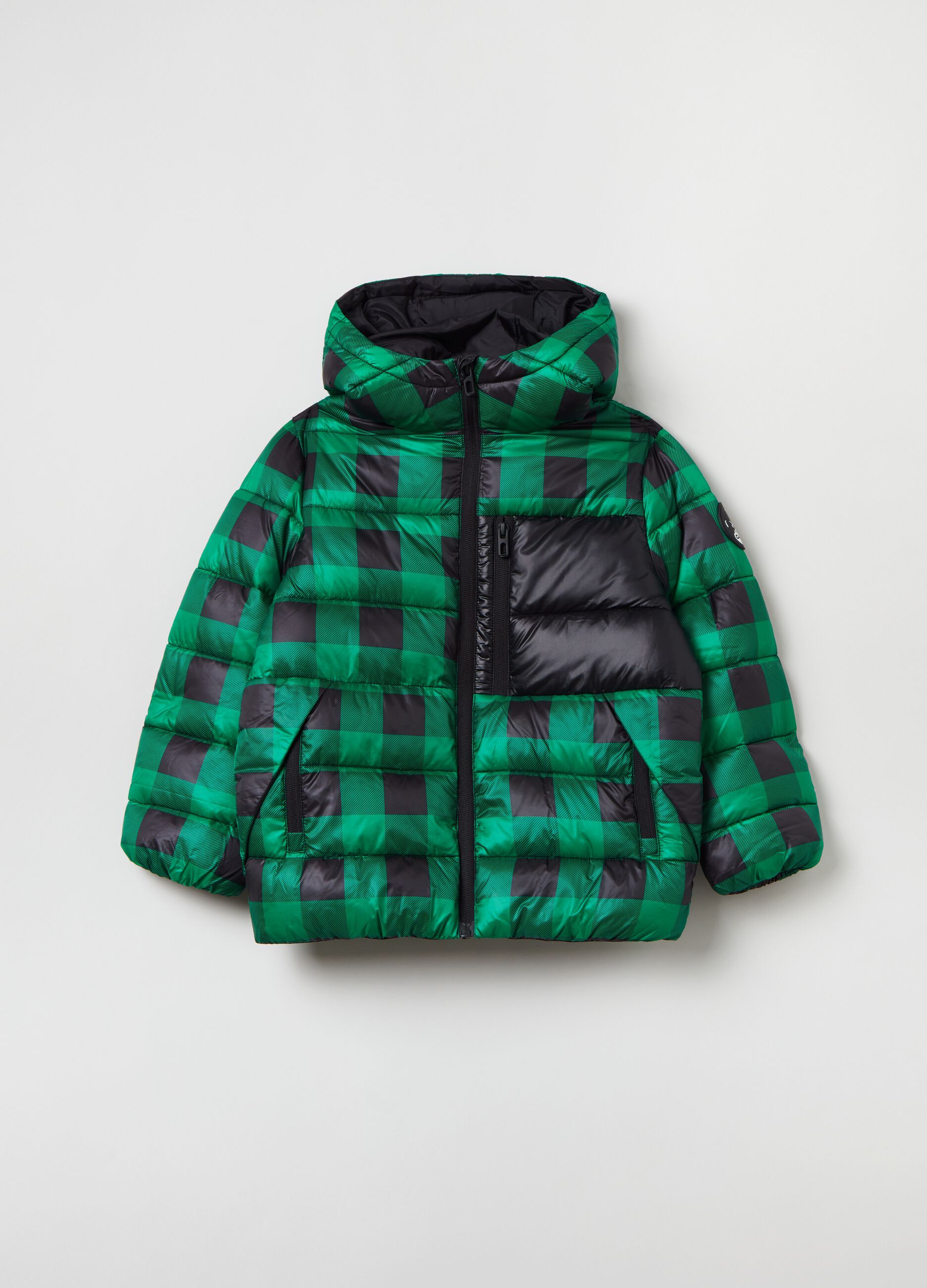 Piumino full-zip a quadri con cappuccio_0