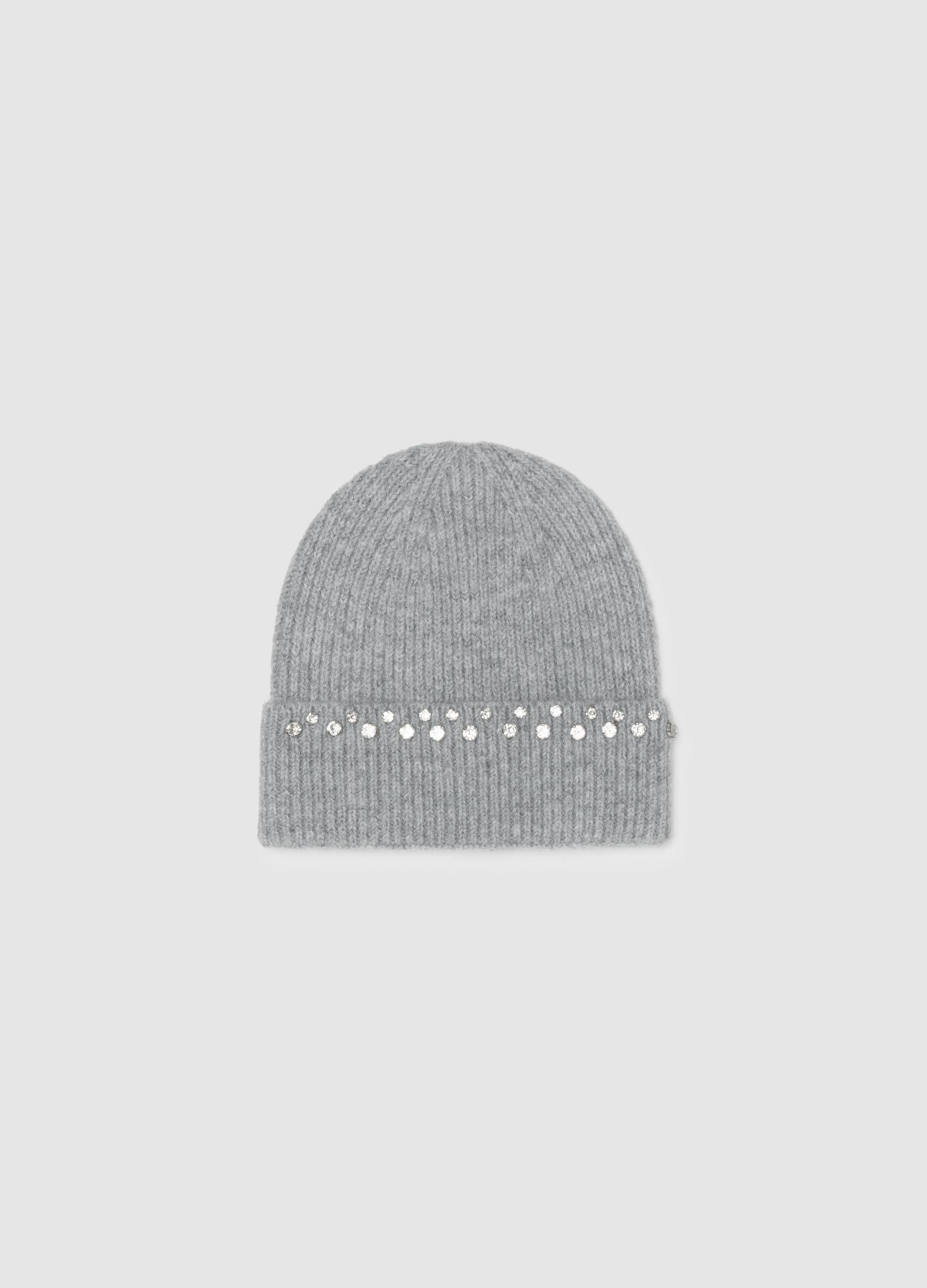 Grey Ribbed Beanie Hat with Rhinestone Embroideries