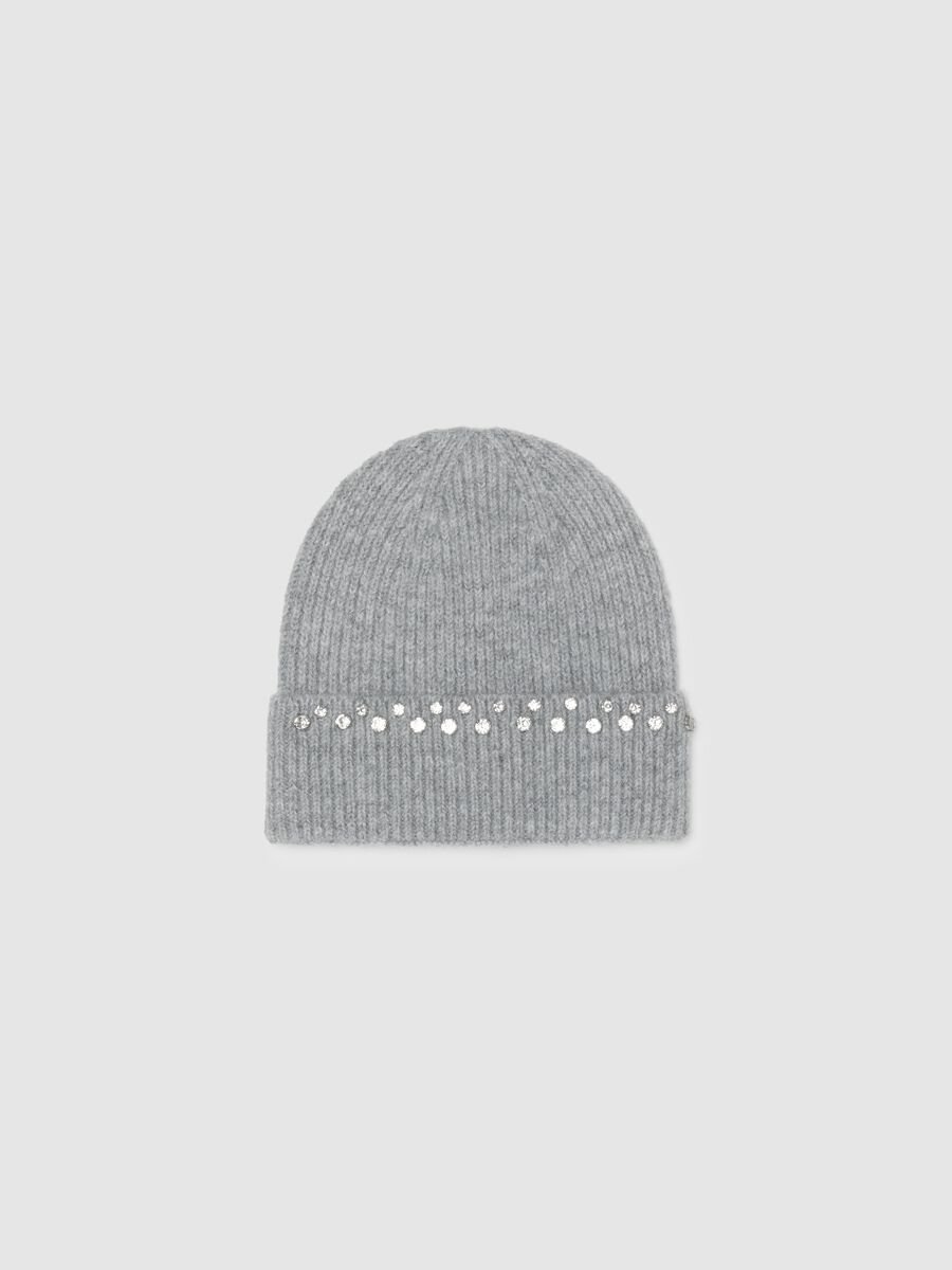 Berretto beanie a costine grigio con ricami in strass_0