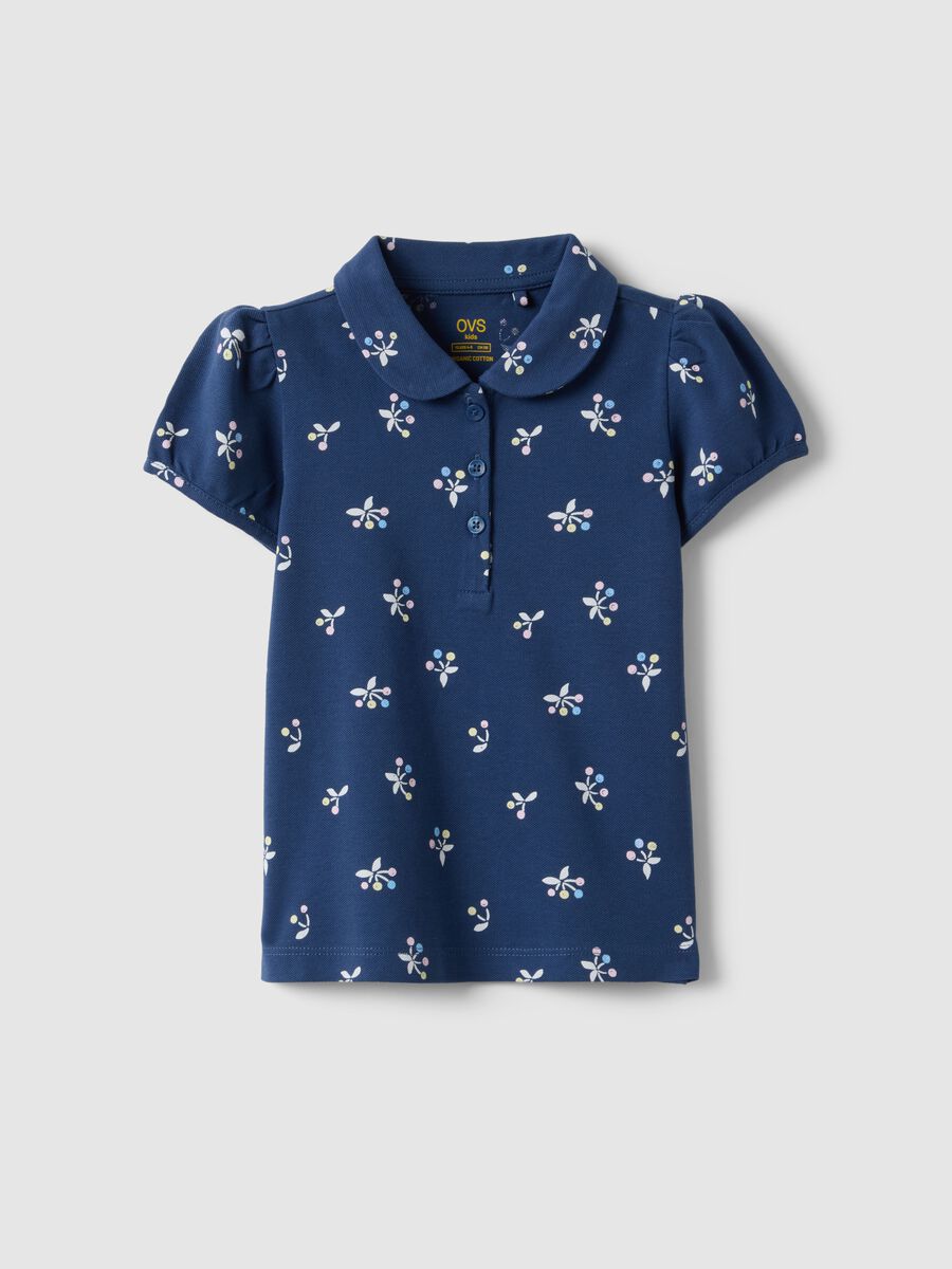Girls' Regular Fit Blue Pure Cotton Polo with Floral Pattern_0