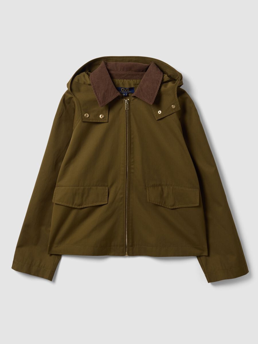 Giacca parka verde con cappuccio e collo a coste in misto cotone_4