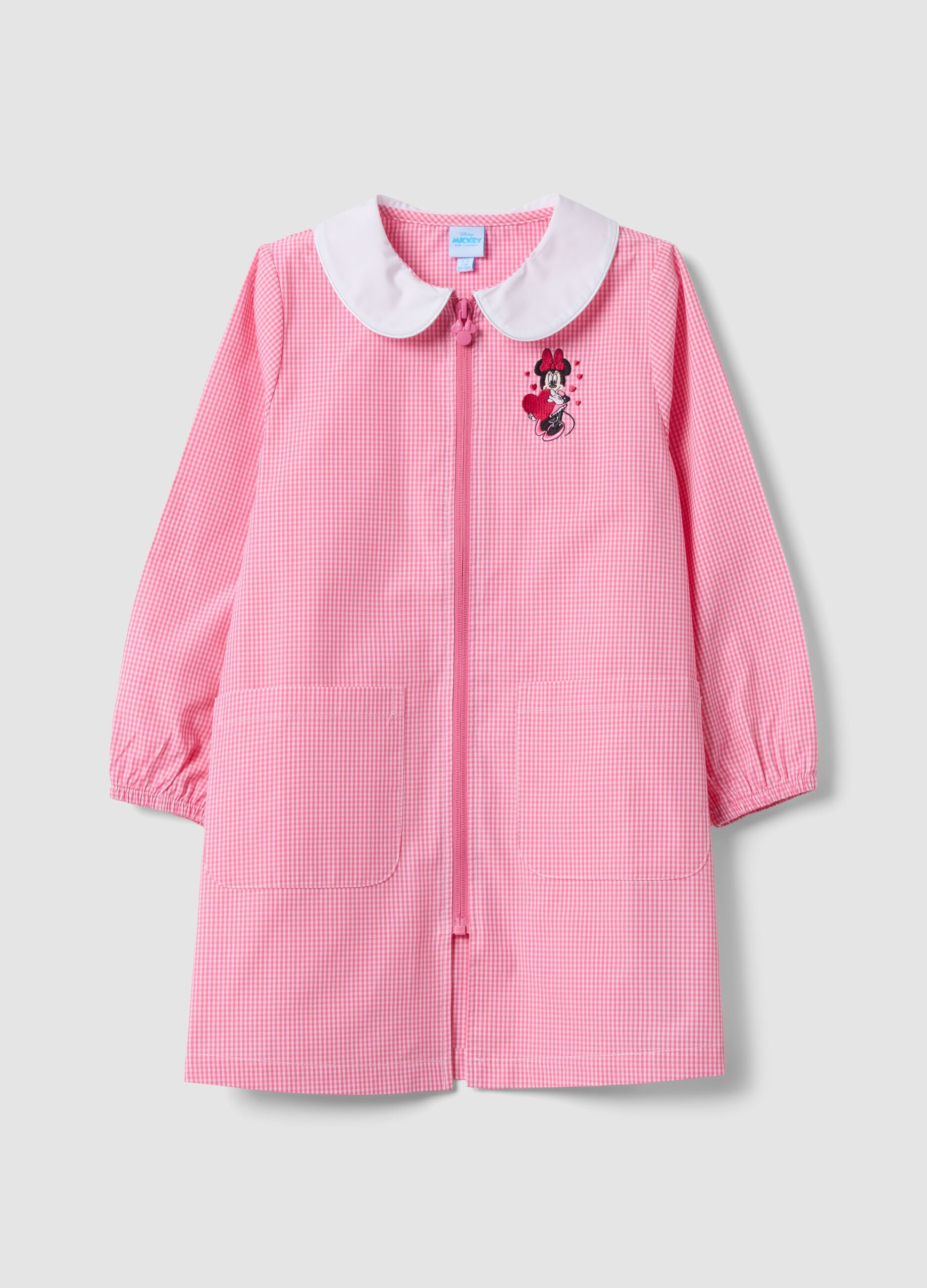 Pink gingham nursery apron with white collar and Minnie embroidery