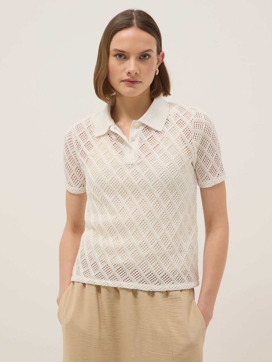 White regular fit polo with mesh texture_0