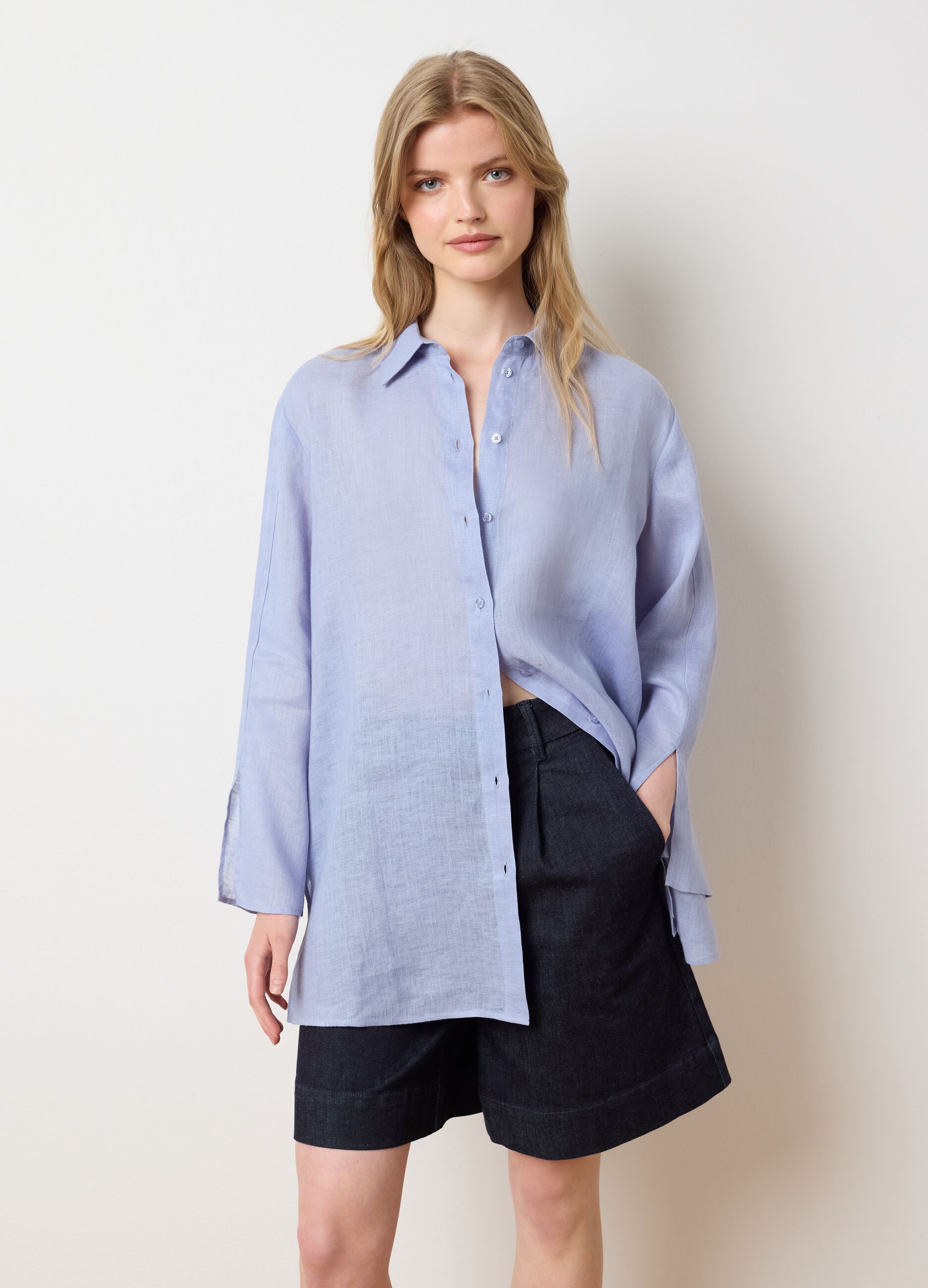 Women's Long Oversized Blue Pure Linen Shirt