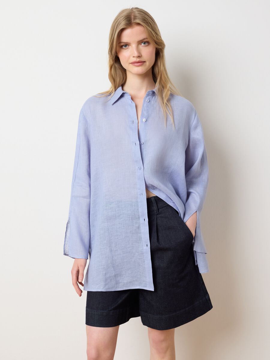 Women's Long Oversized Blue Pure Linen Shirt_0