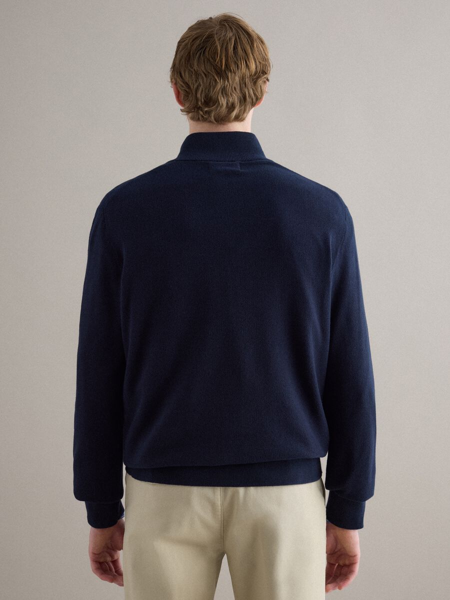 Pure cotton blue regular fit sweater with high neck and zip_3