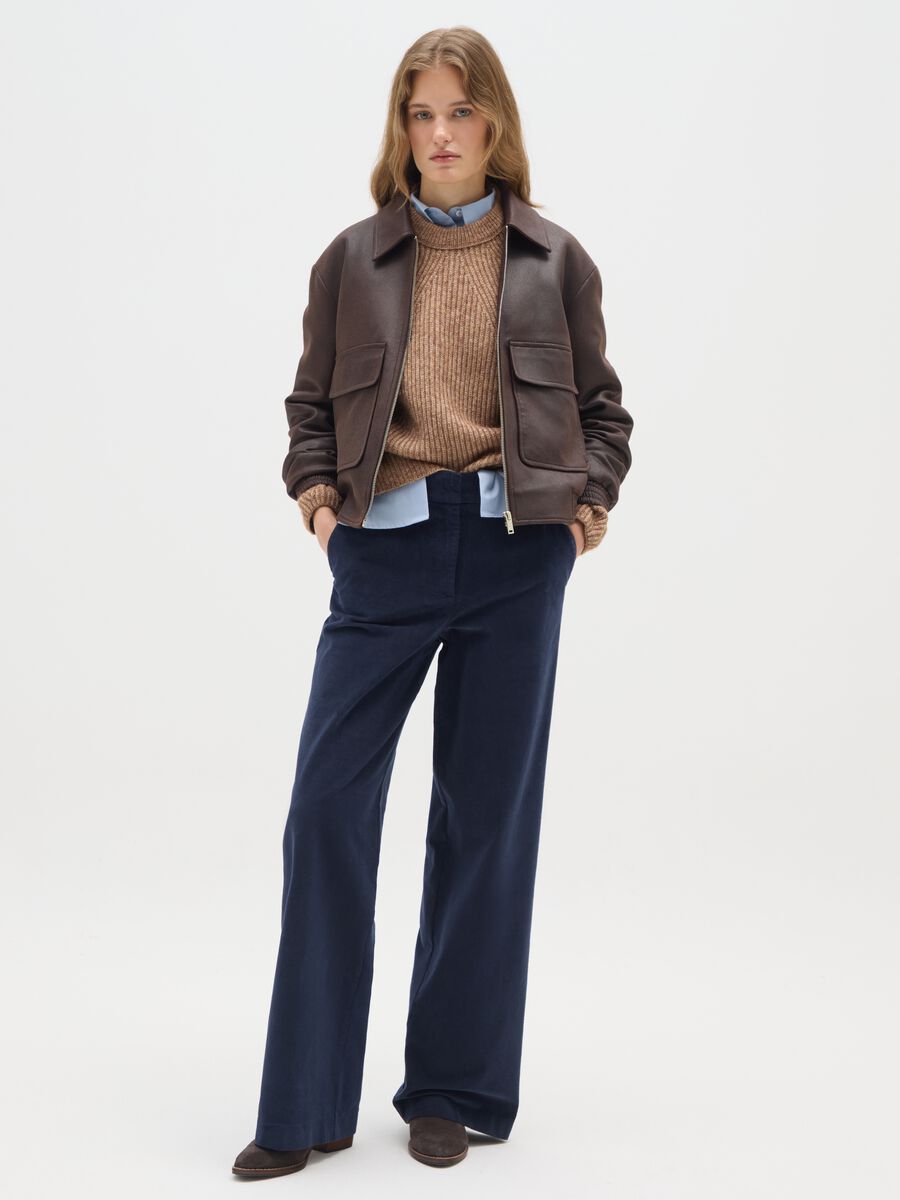 Regular fit blue velvet and cotton trousers_0