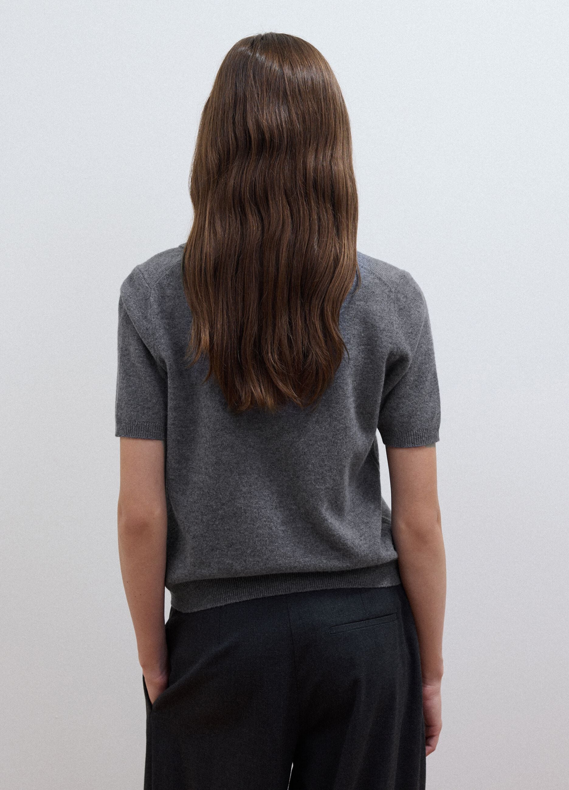 Grey pure wool polo-collar jumper with relaxed fit