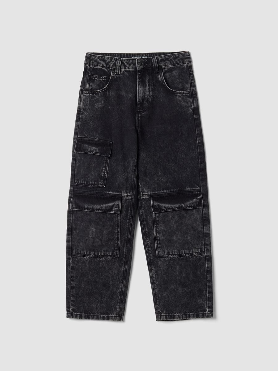 Black pure cotton cargo jeans, skater fit_3
