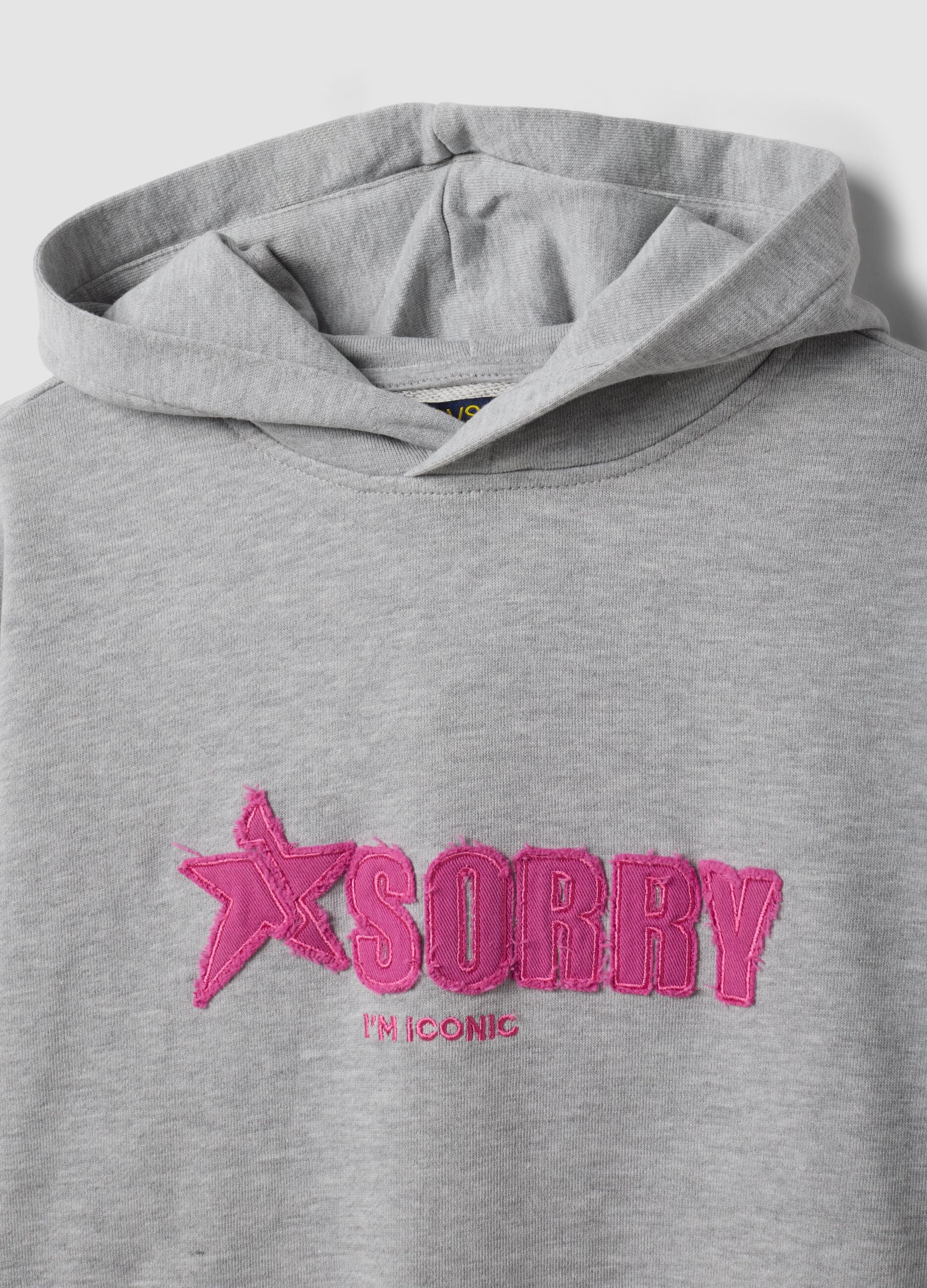 Felpa over grigia con cappuccio in misto cotone e ricamo "Sorry" per ragazza