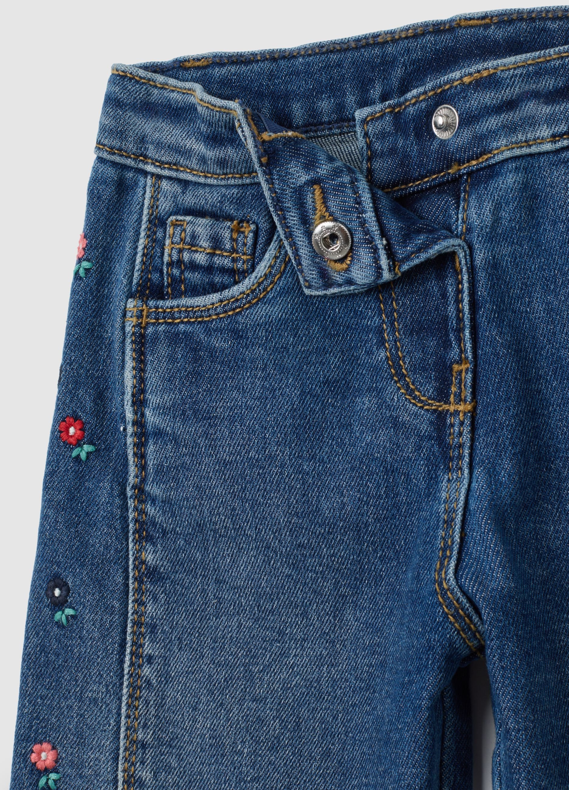 Girls' wide leg blue denim jeans with embroidery