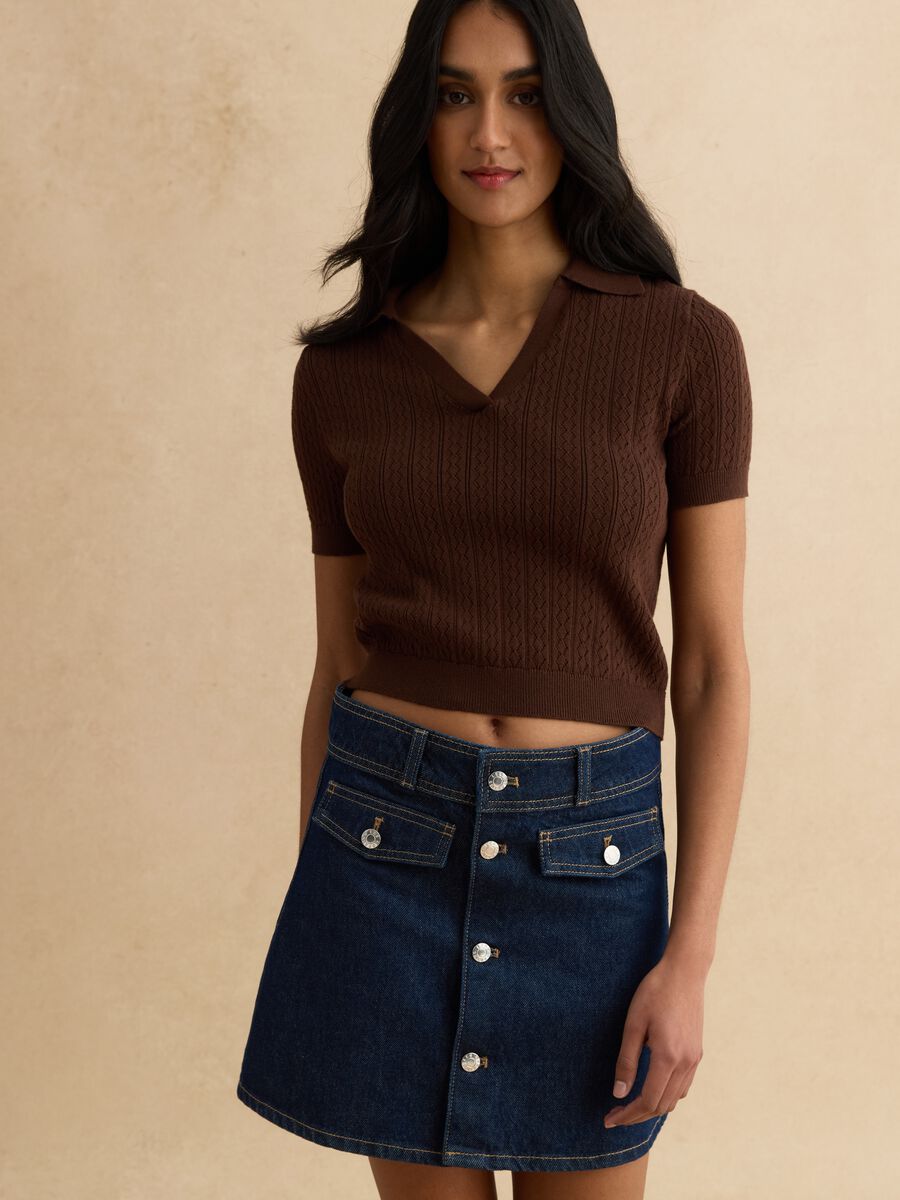 Brown cotton blend regular fit sweater with polo collar_0