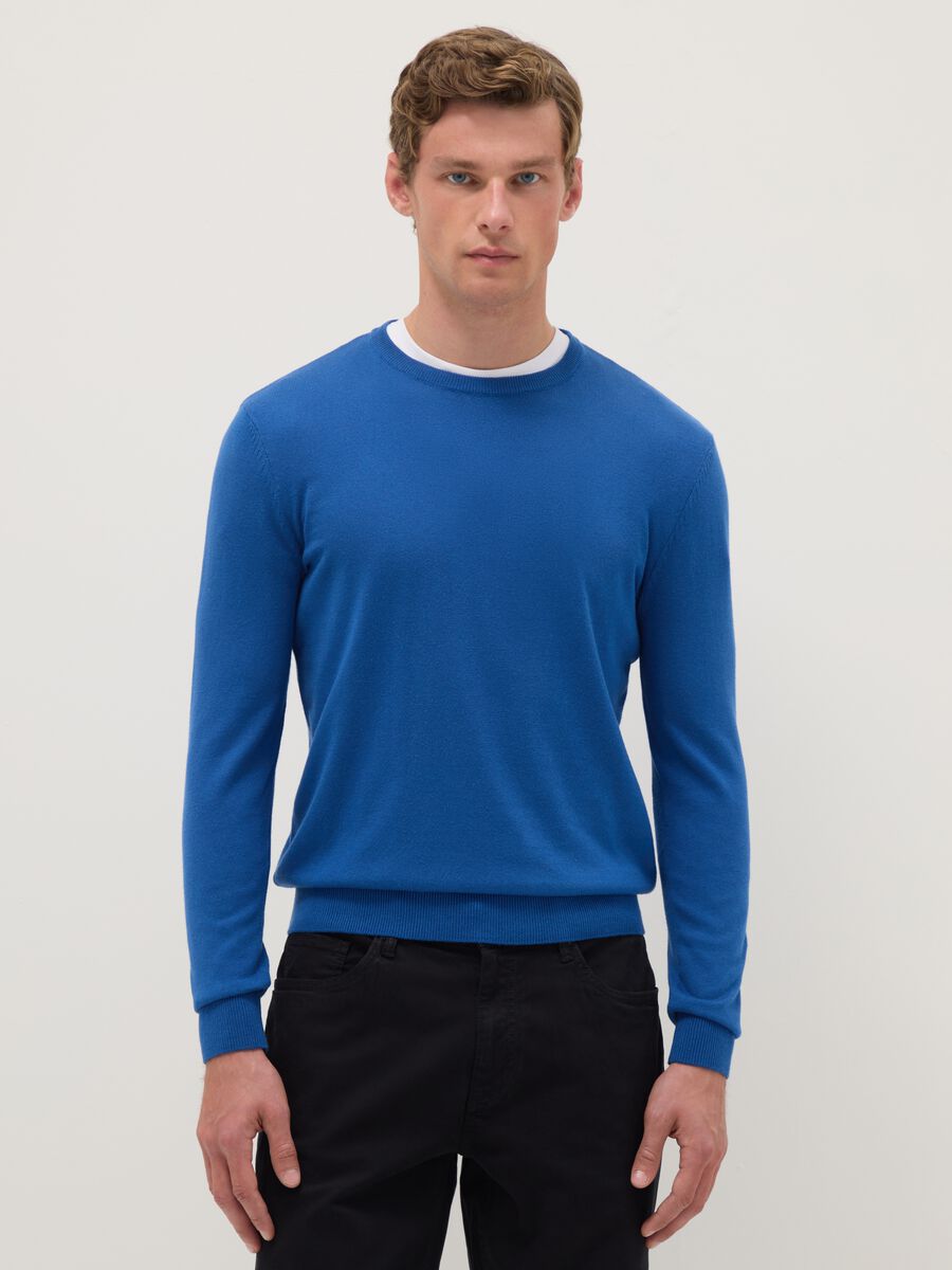 Blue crew neck pullover in cotton blend regular fit_0