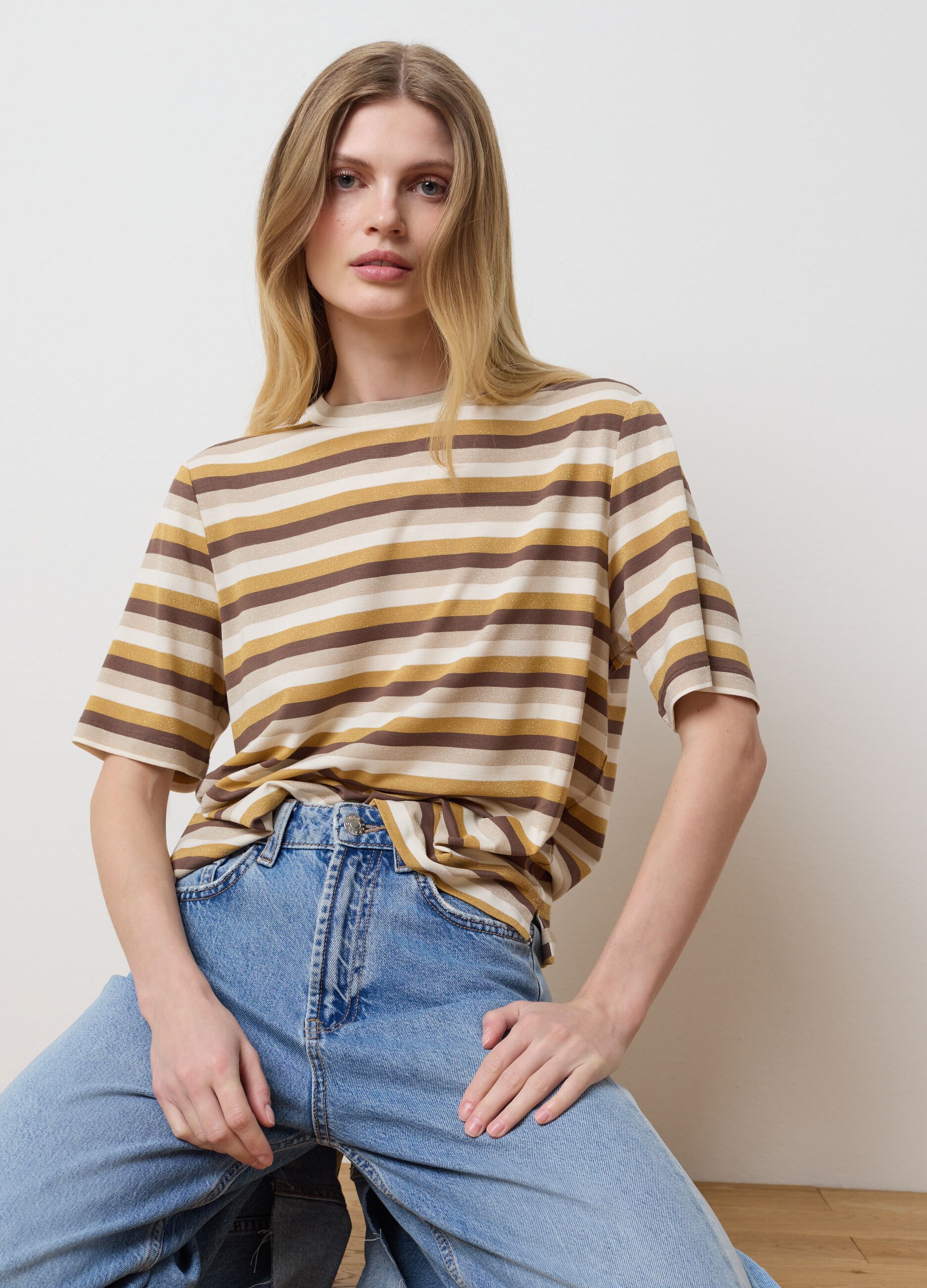 T-shirt with multicoloured stripes and lurex