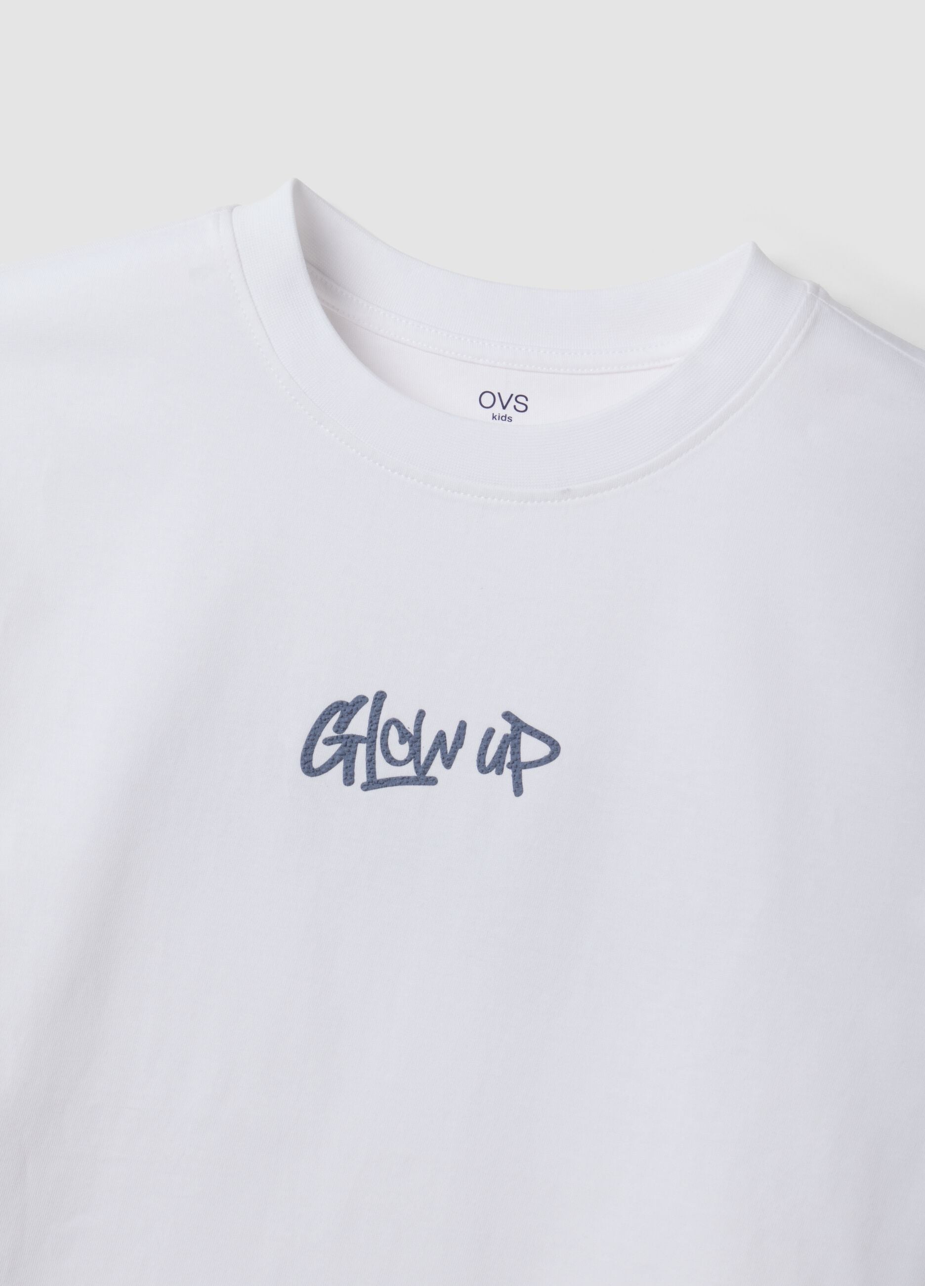 White pure cotton T-shirt with ribbed neckline and &lsquo;Glow Up&rsquo; slogan