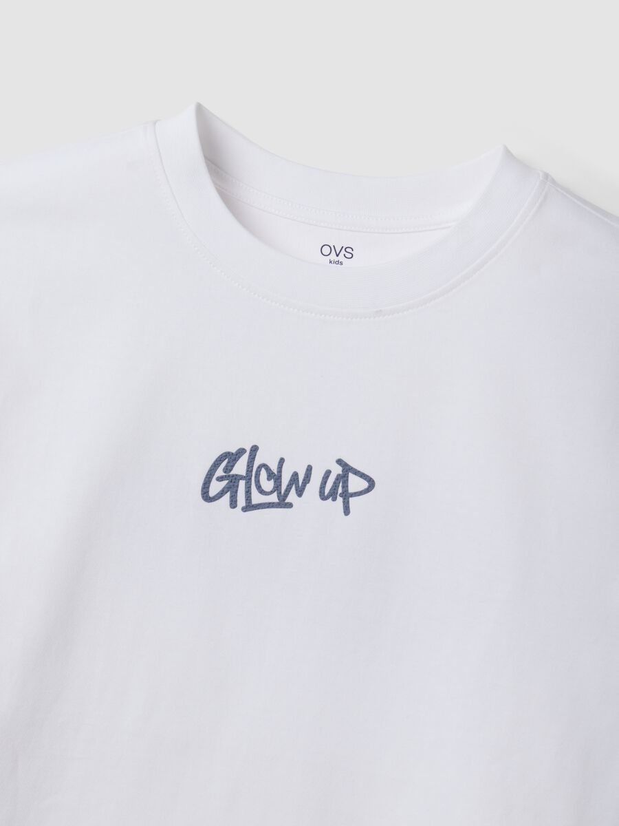 White pure cotton T-shirt with ribbed neckline and &lsquo;Glow Up&rsquo; slogan_4