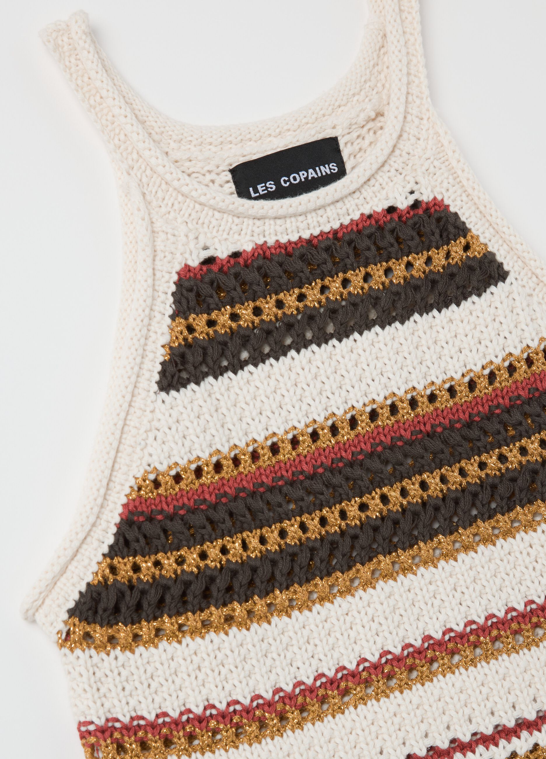 Tank top a righe crochet beige e marrone con dettagli lurex