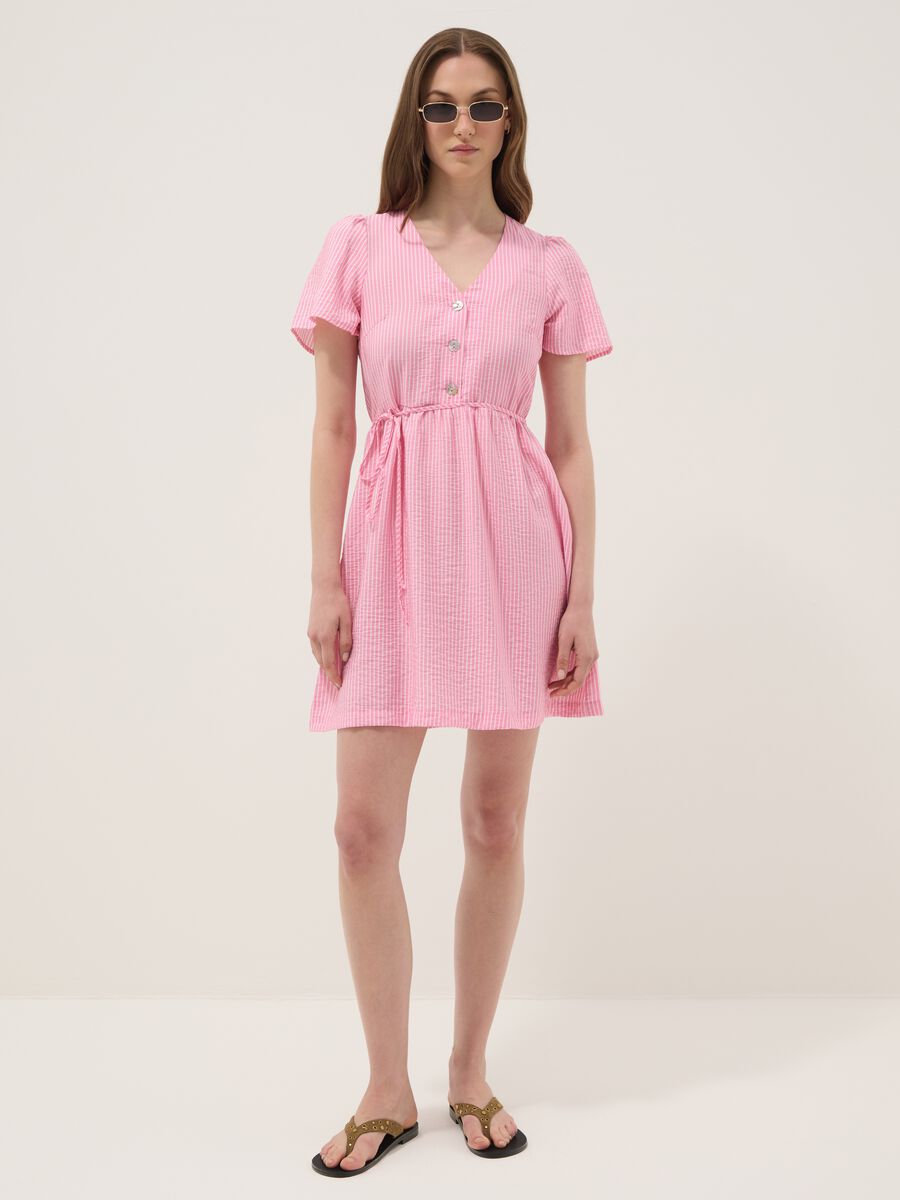 Abito rosa a righe in misto viscosa con scollo deep V_0