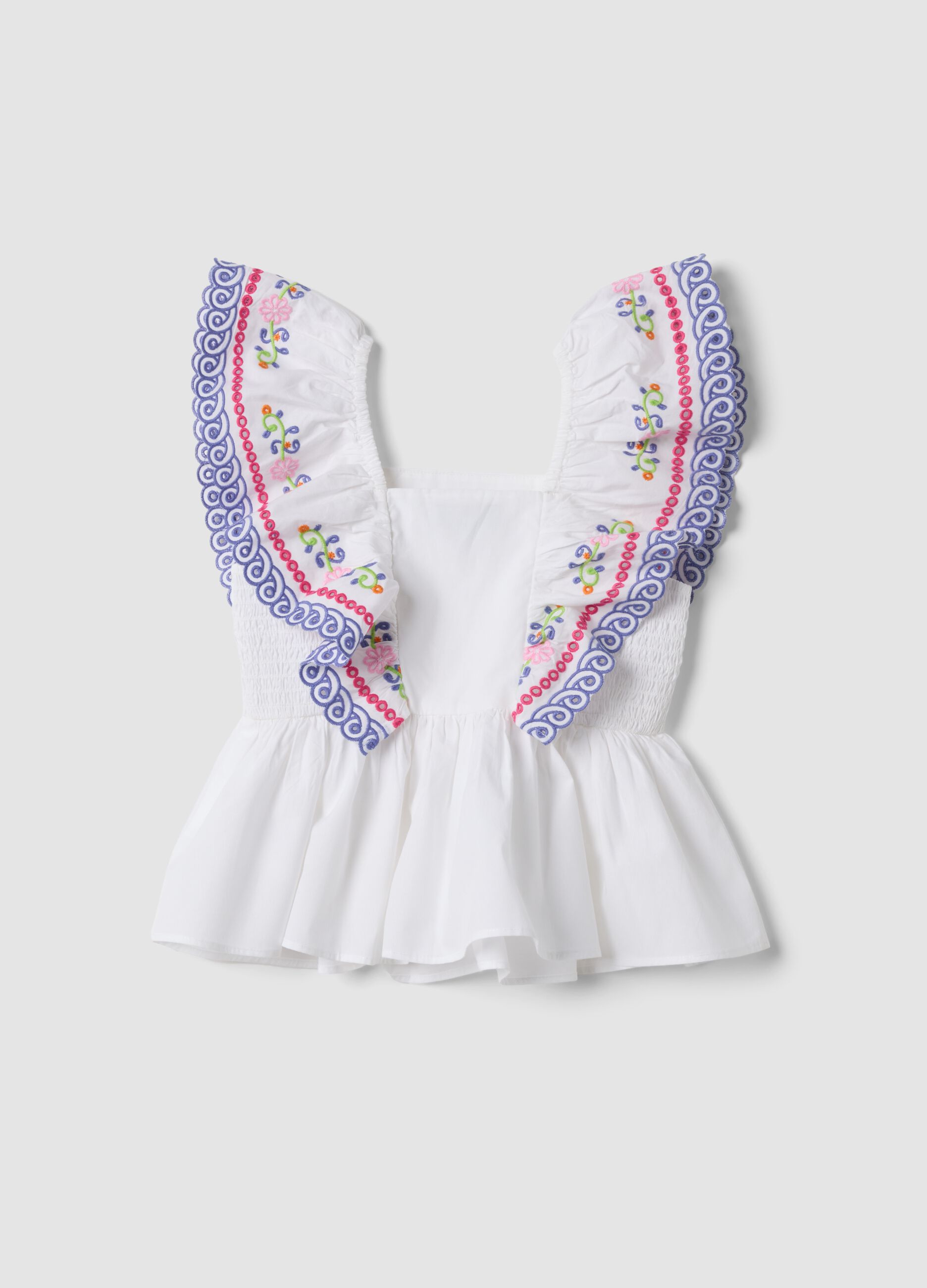 Tank top bianco in puro cotone con volant ricamati regular fit