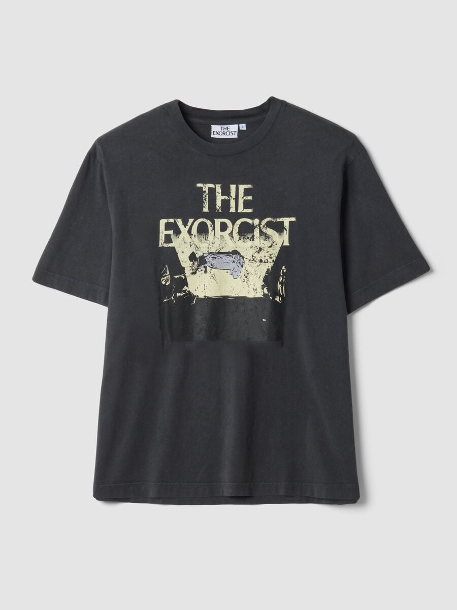 Grey cropped pure cotton T-shirt with "The Exorcist" print, regular fit_0