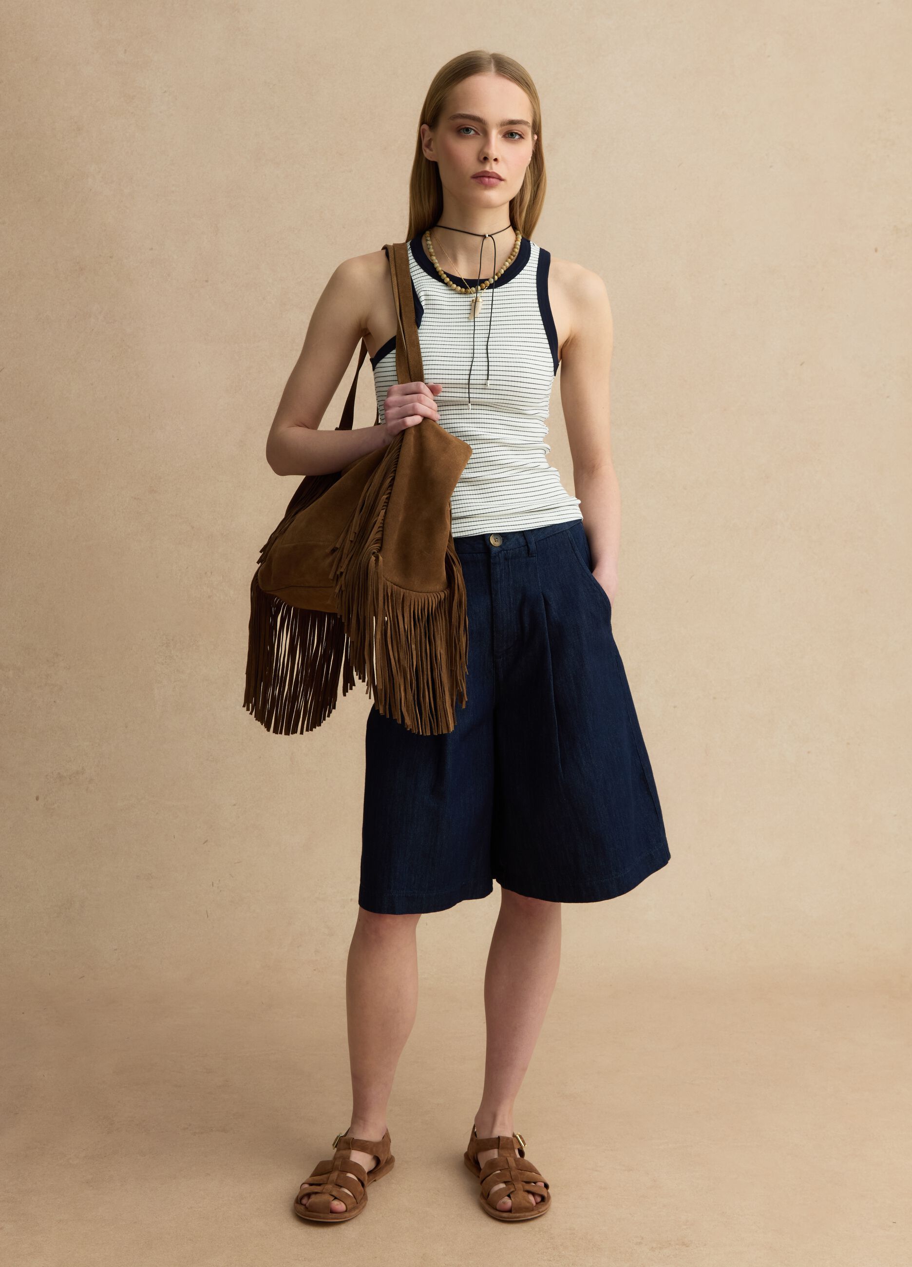 White stretch viscose tank top with blue detailing, regular fit