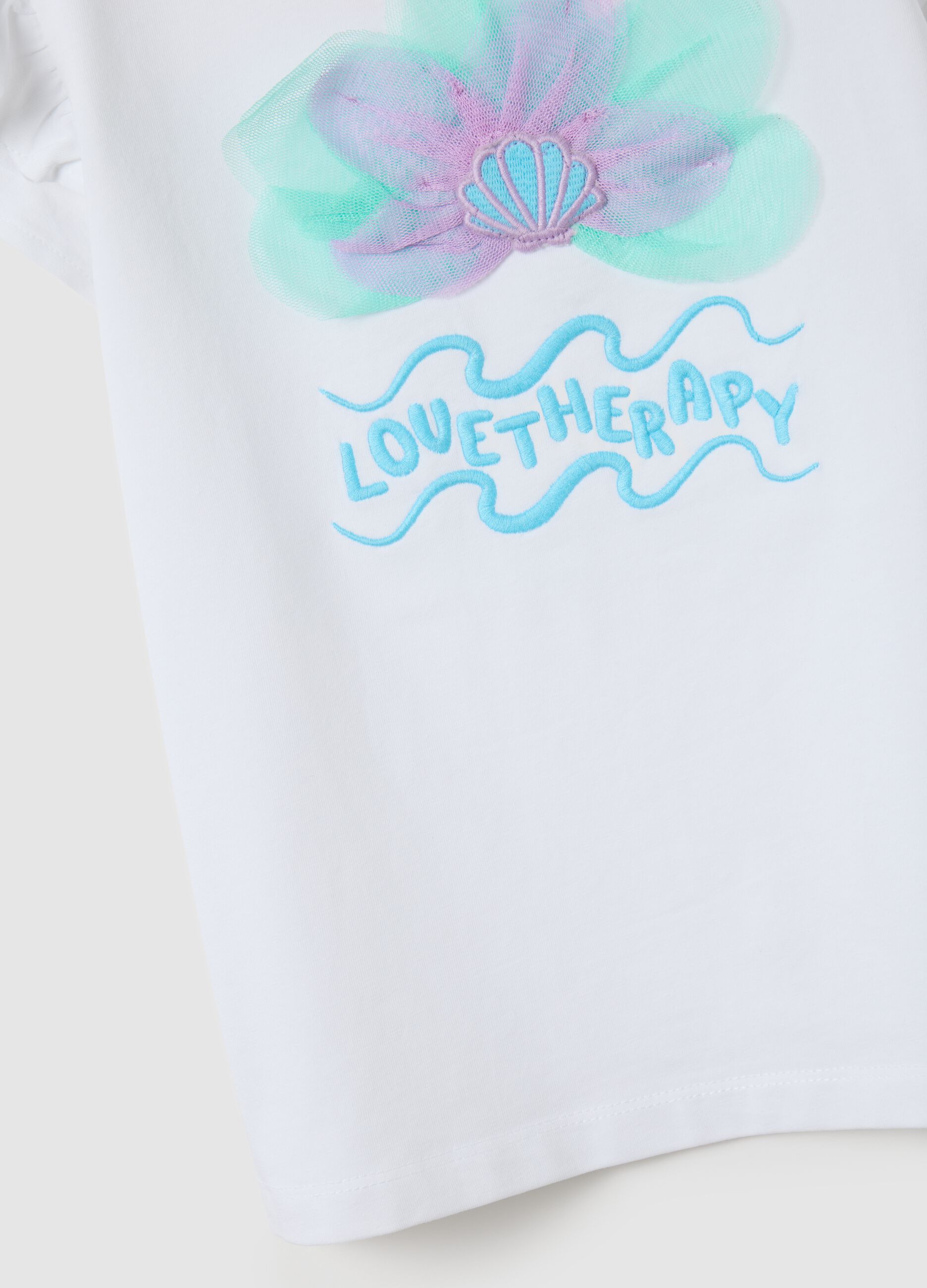 Girls' white stretchy cotton T-shirt