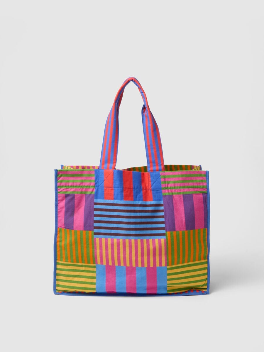 Borsa shopper in puro cotone a righe multicolor_0