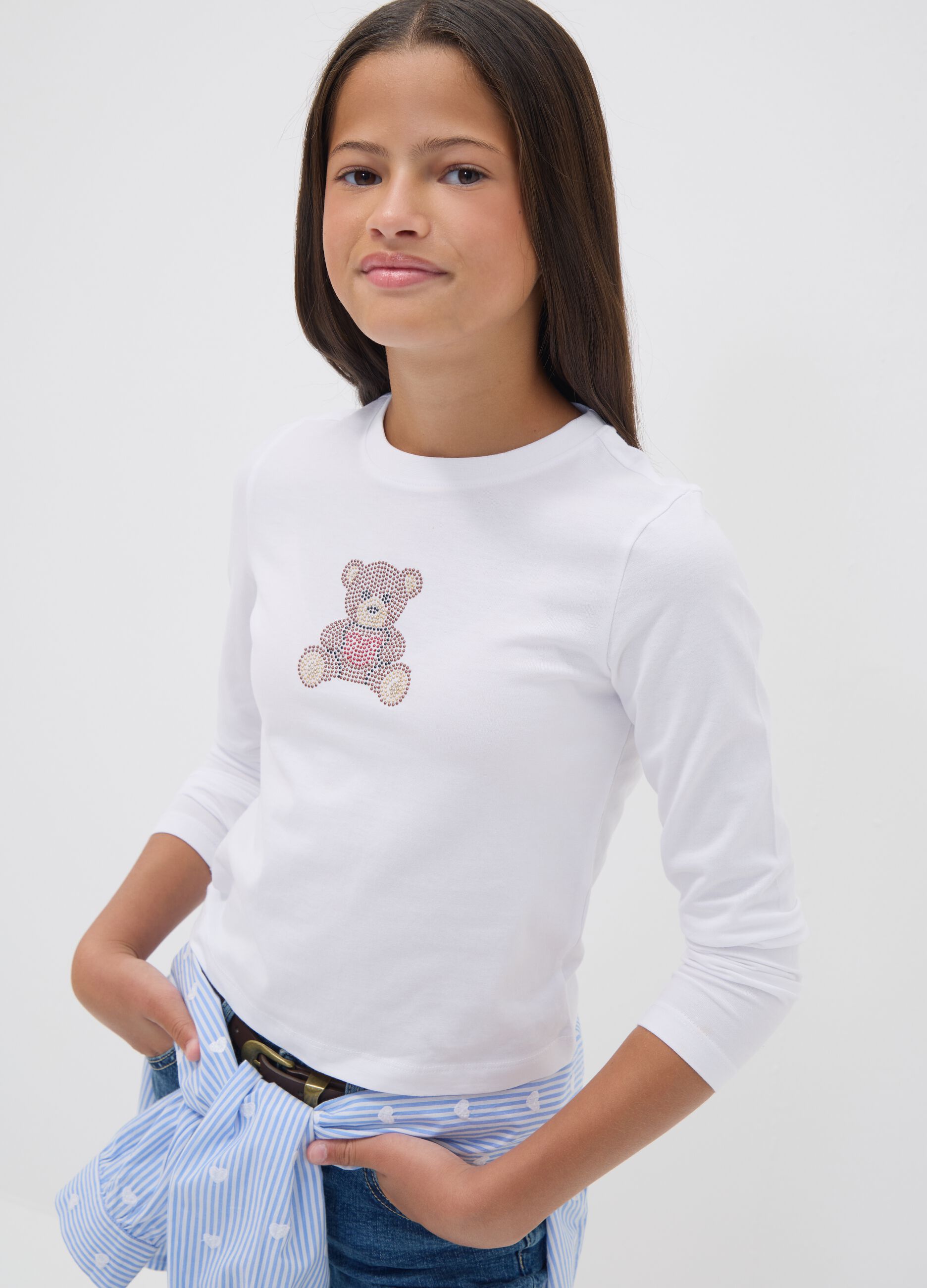 White pure cotton crew-neck T-shirt with teddy bear print for girls