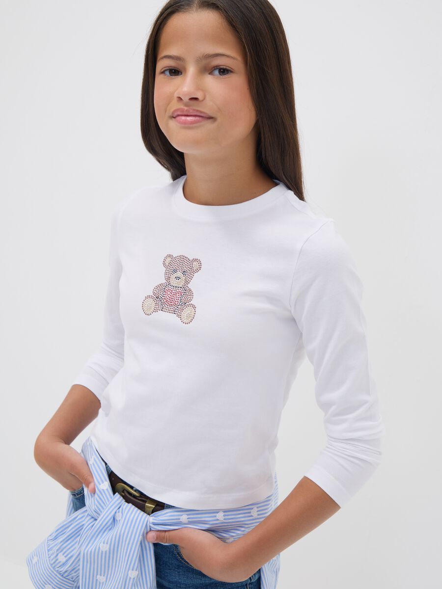 T-shirt bianca in puro cotone con girocollo e stampa orsetto per ragazza_0
