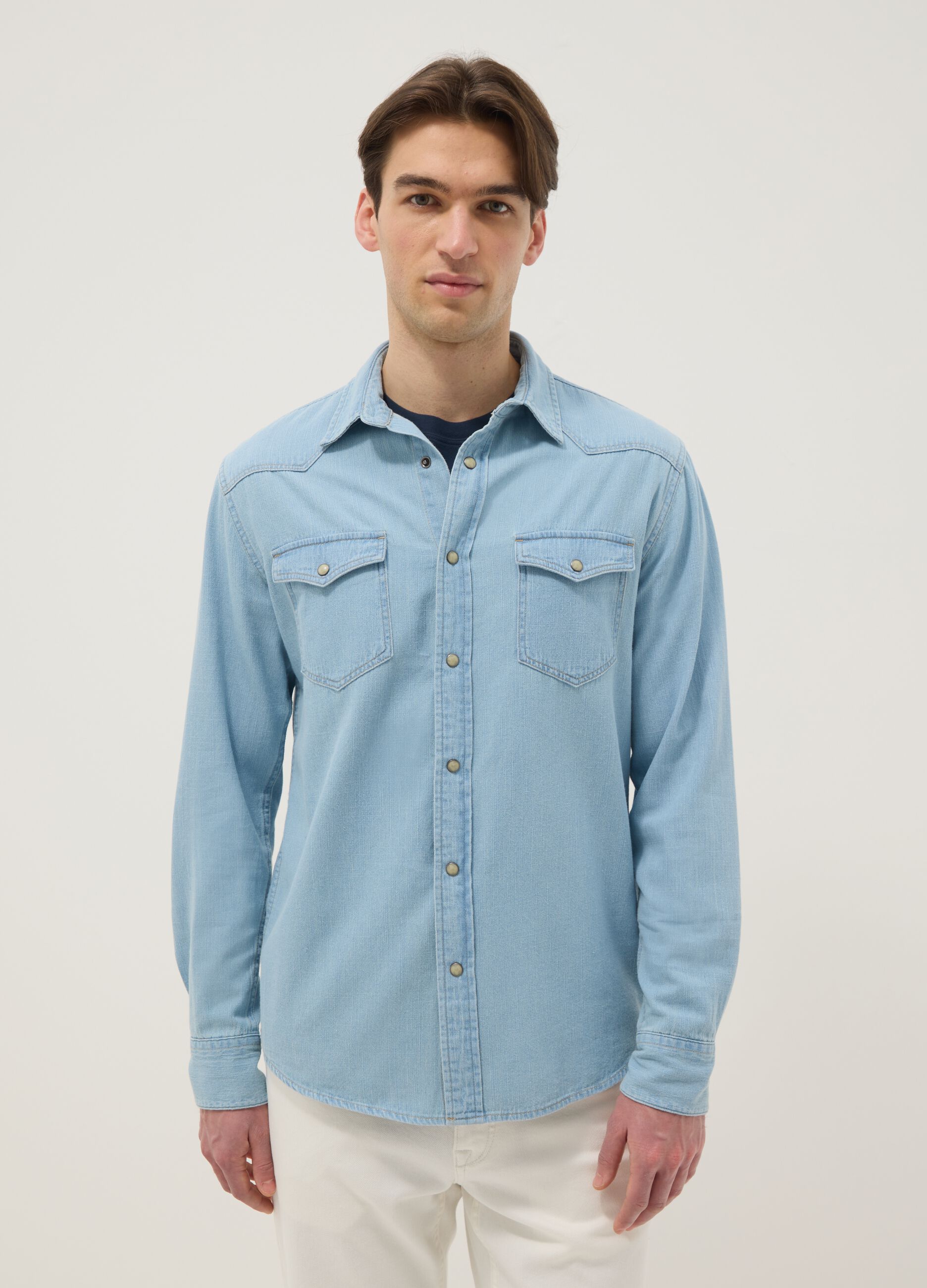 Light blue denim pure cotton shirt regular fit with pockets