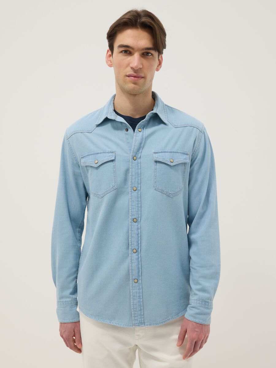Light blue denim pure cotton shirt regular fit with pockets_0