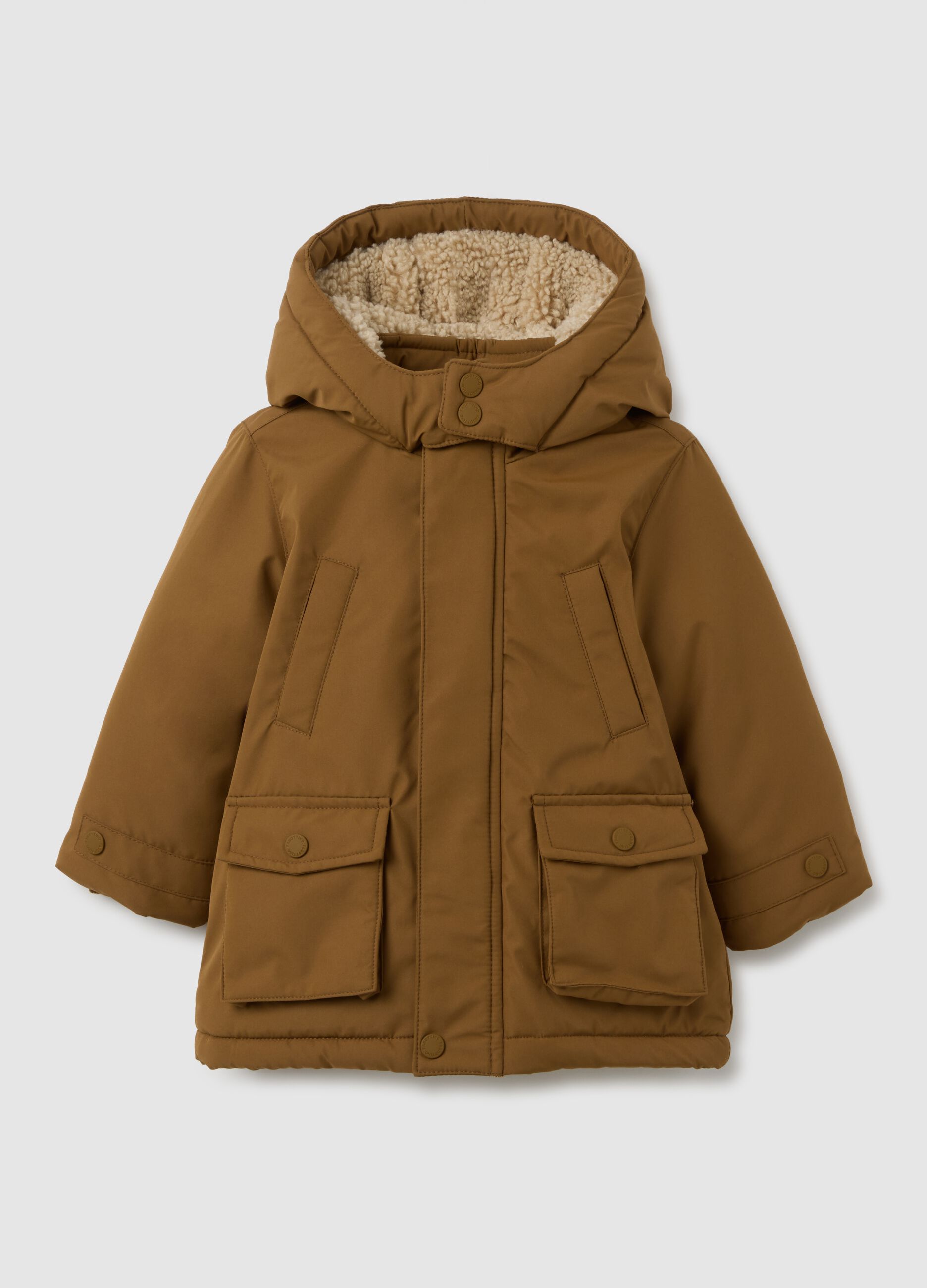 Brown parka with faux fur lining