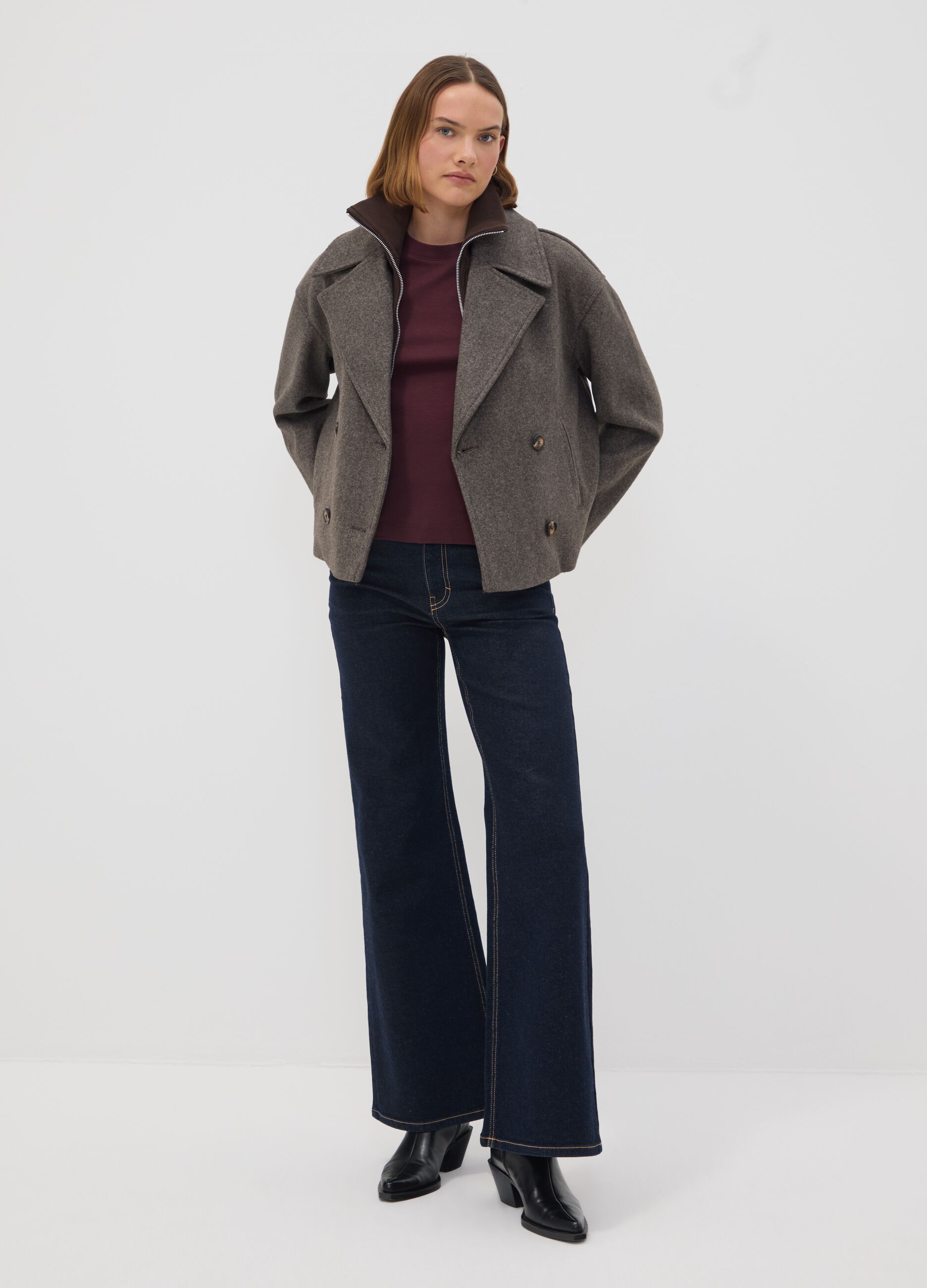 Giacca grigia doppiopetto regular fit con zip e bottoni