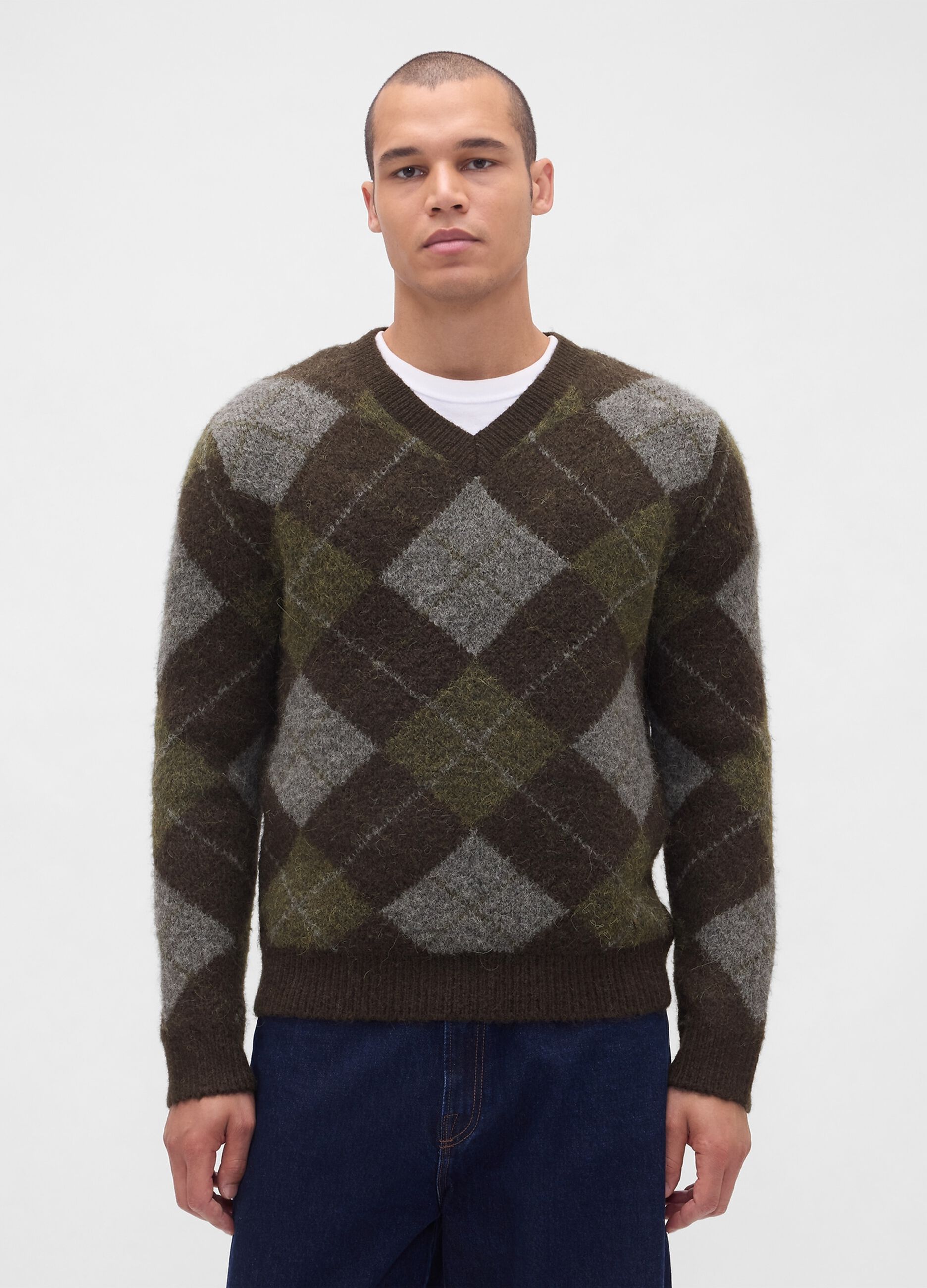 Diamond-patterned brown sweater in wool and alpaca blend