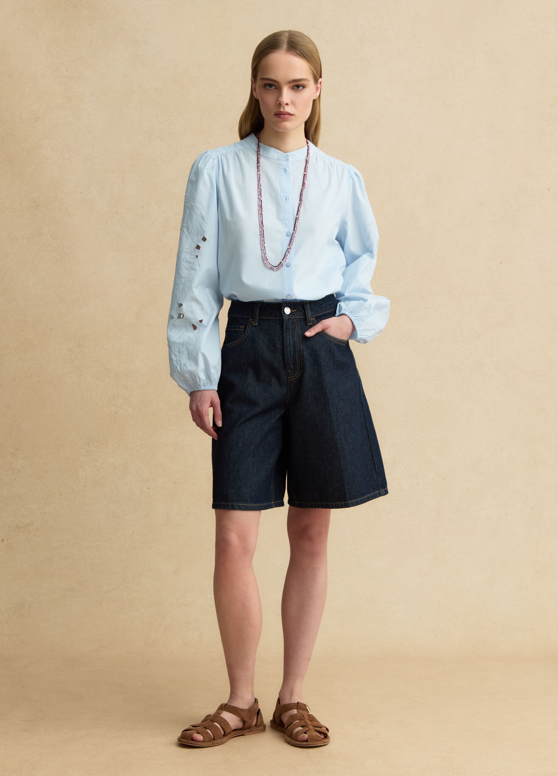 Light blue pure cotton shirt regular fit with embroidery