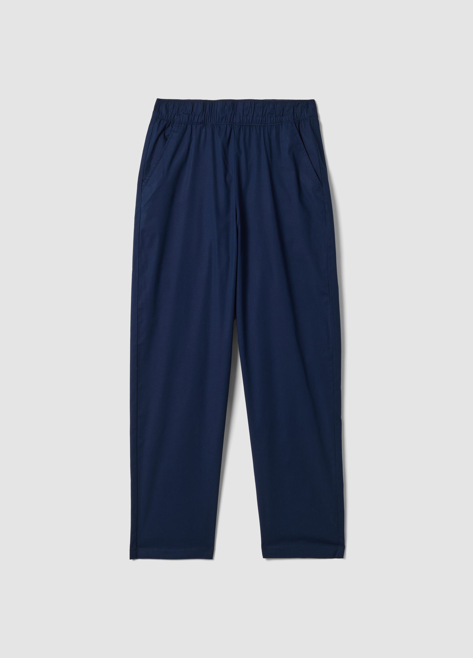 Blue stretch cotton trousers with elasticated waist