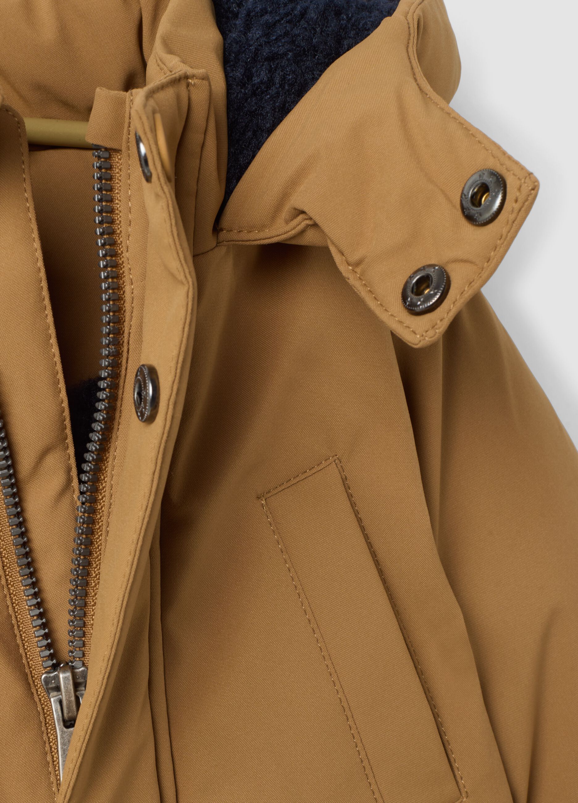 Long padded brown parka with hood, regular fit
